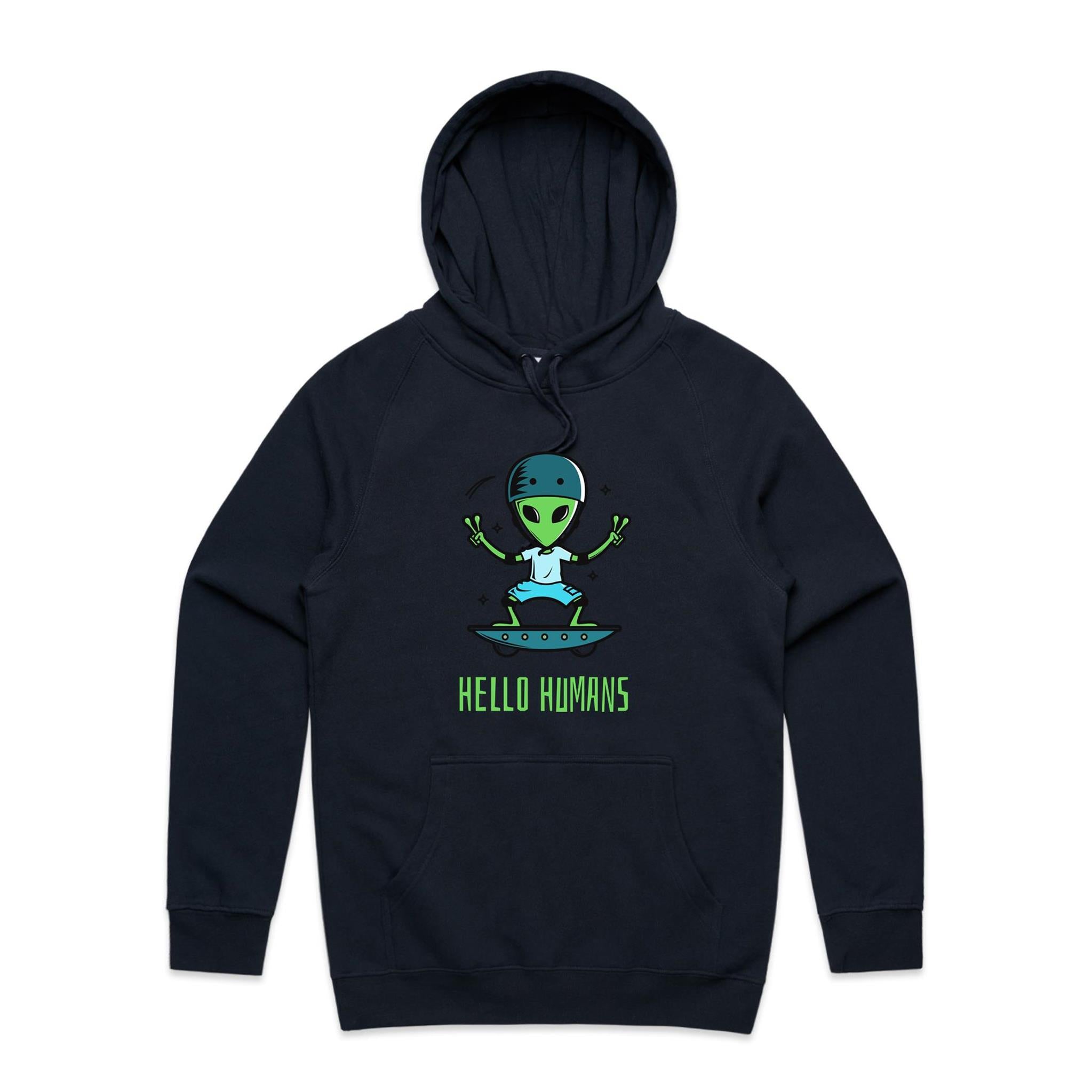 Hello Humans, Alien Skate - Mens Hoodie Navy Mens Hoodie Printed In Australia Sci Fi