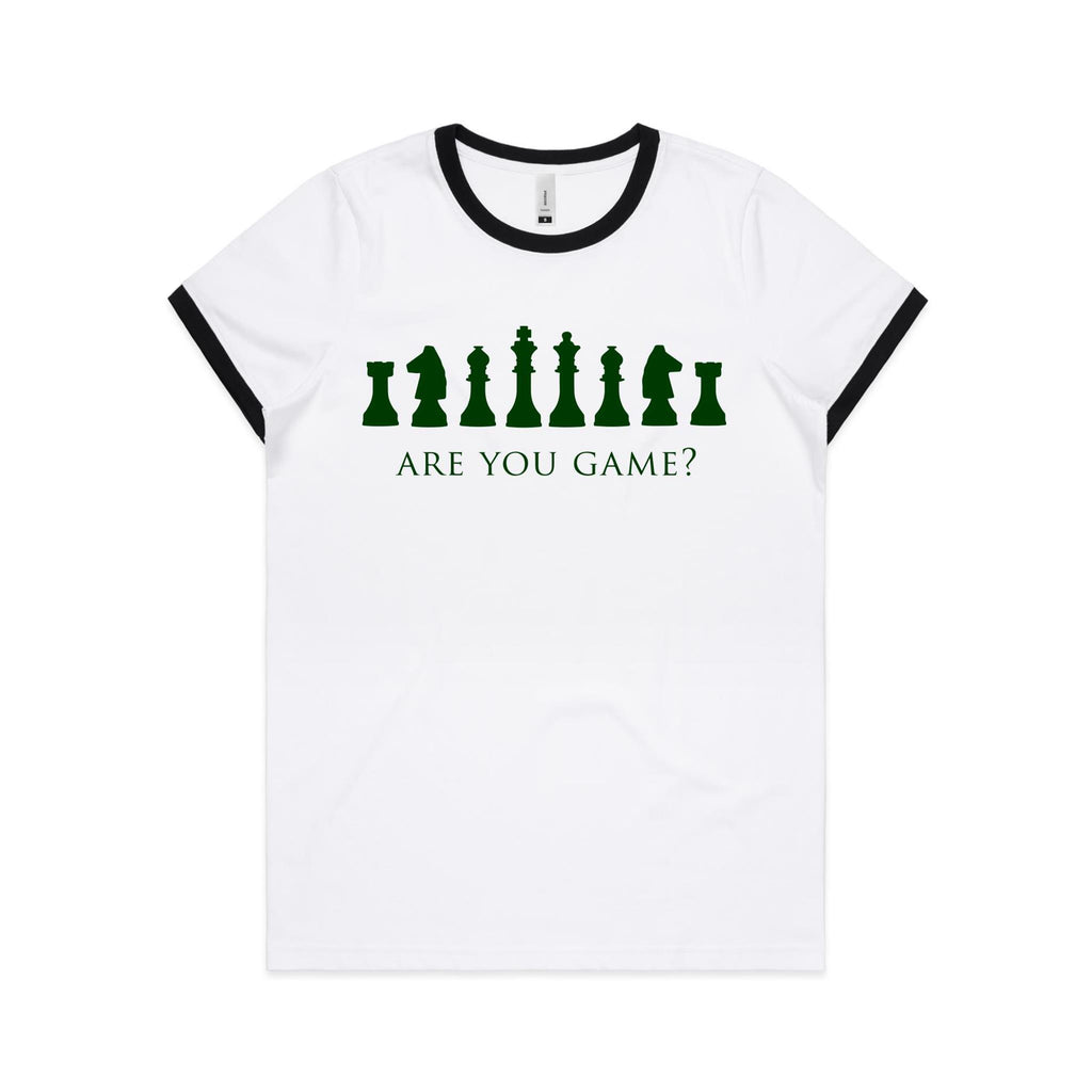 Are You Game, Chess - Women's Ringer Tee White Black Womens Ringer T-shirt Chess Games Printed In Australia