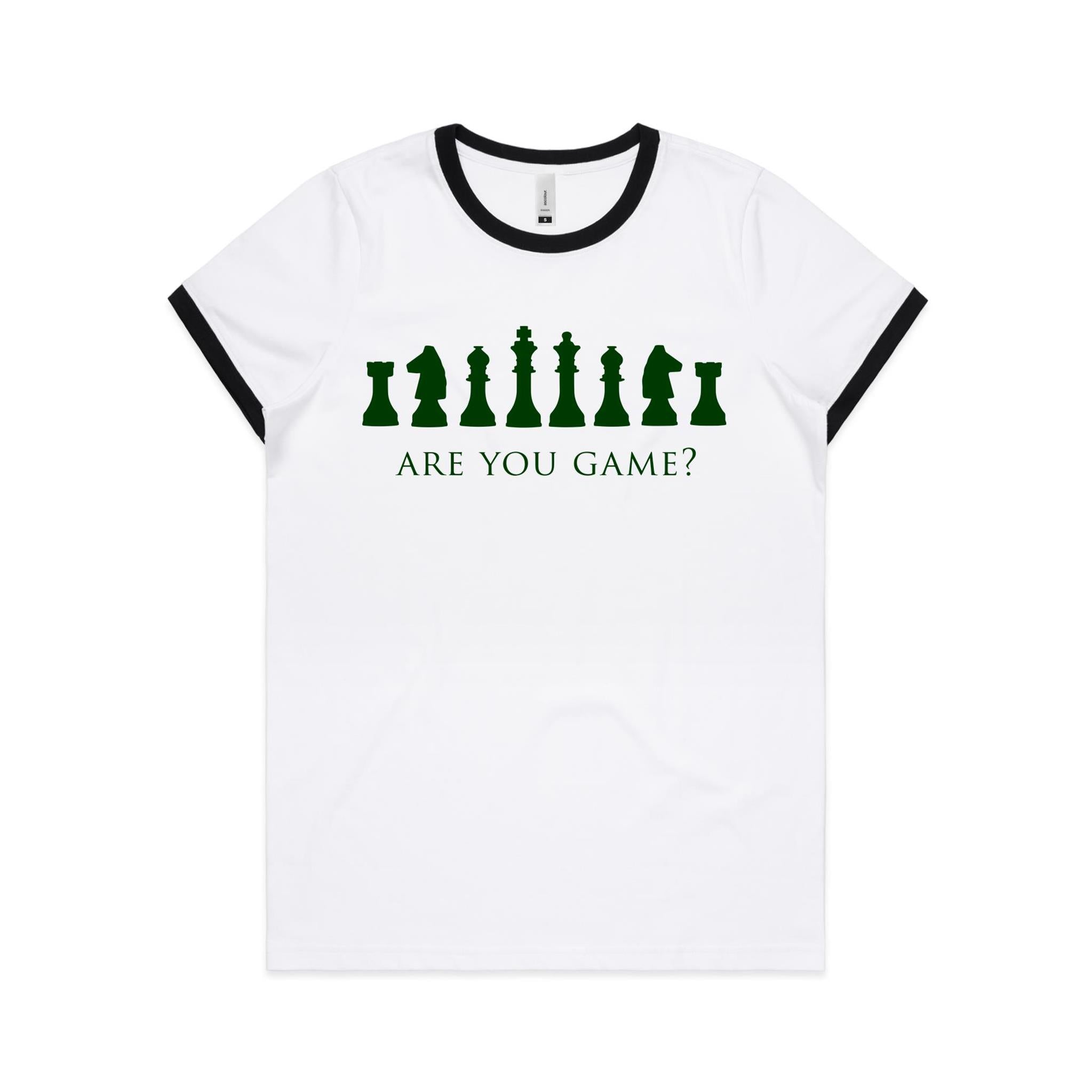 Are You Game, Chess - Women's Ringer Tee White Black Womens Ringer T-shirt Chess Games Printed In Australia