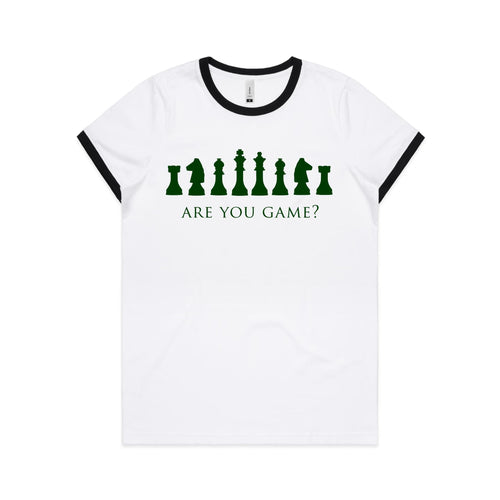 Are You Game, Chess - Women's Ringer Tee White Black Womens Ringer T-shirt Chess Games Printed In Australia
