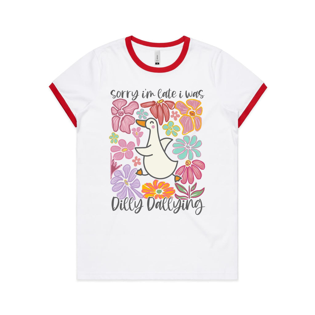 Sorry I'm Late, I Was Dilly Dallying - Women's Ringer Tee White Red Womens Ringer T-shirt animal Printed In Australia