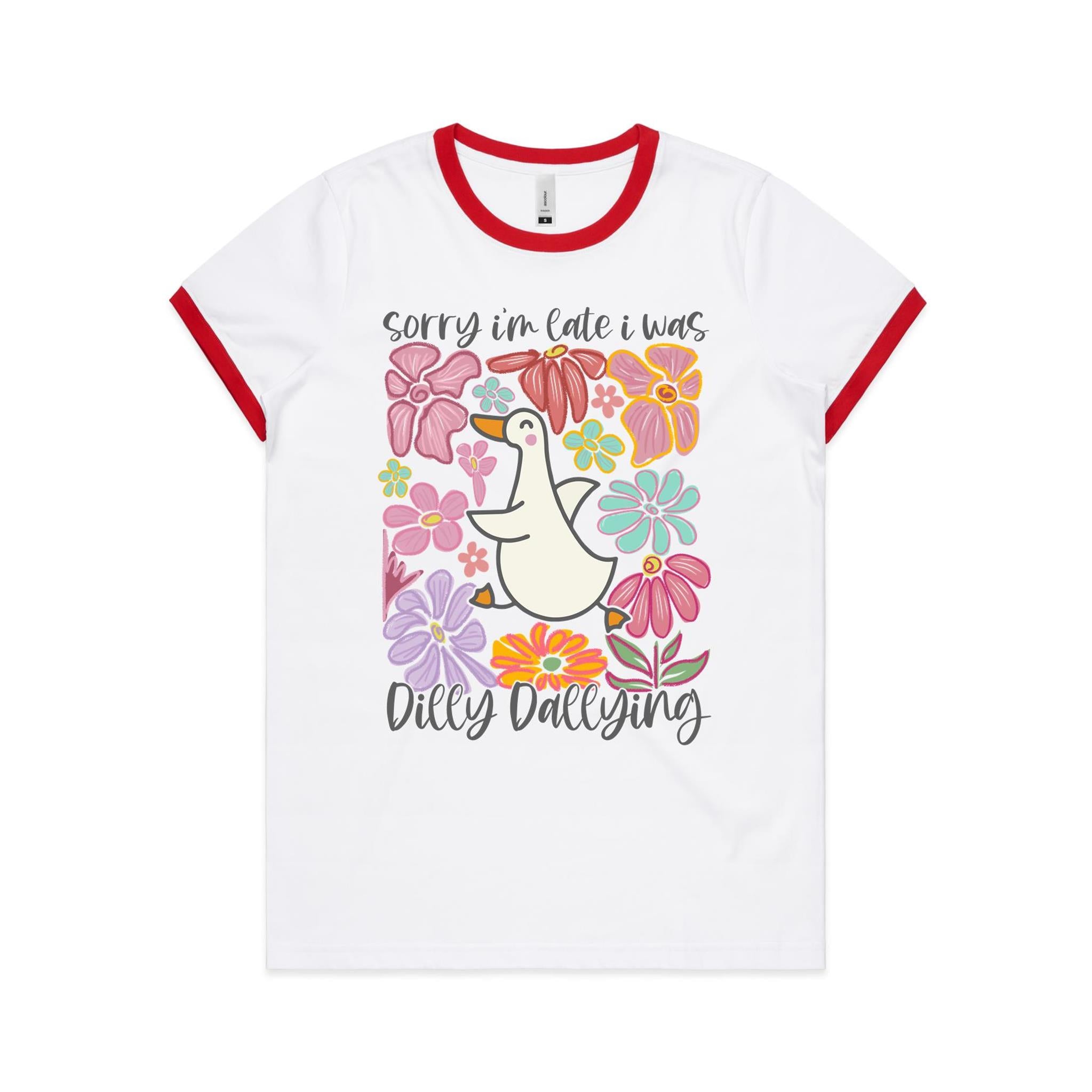 Sorry I'm Late, I Was Dilly Dallying - Women's Ringer Tee White Red Womens Ringer T-shirt animal Printed In Australia