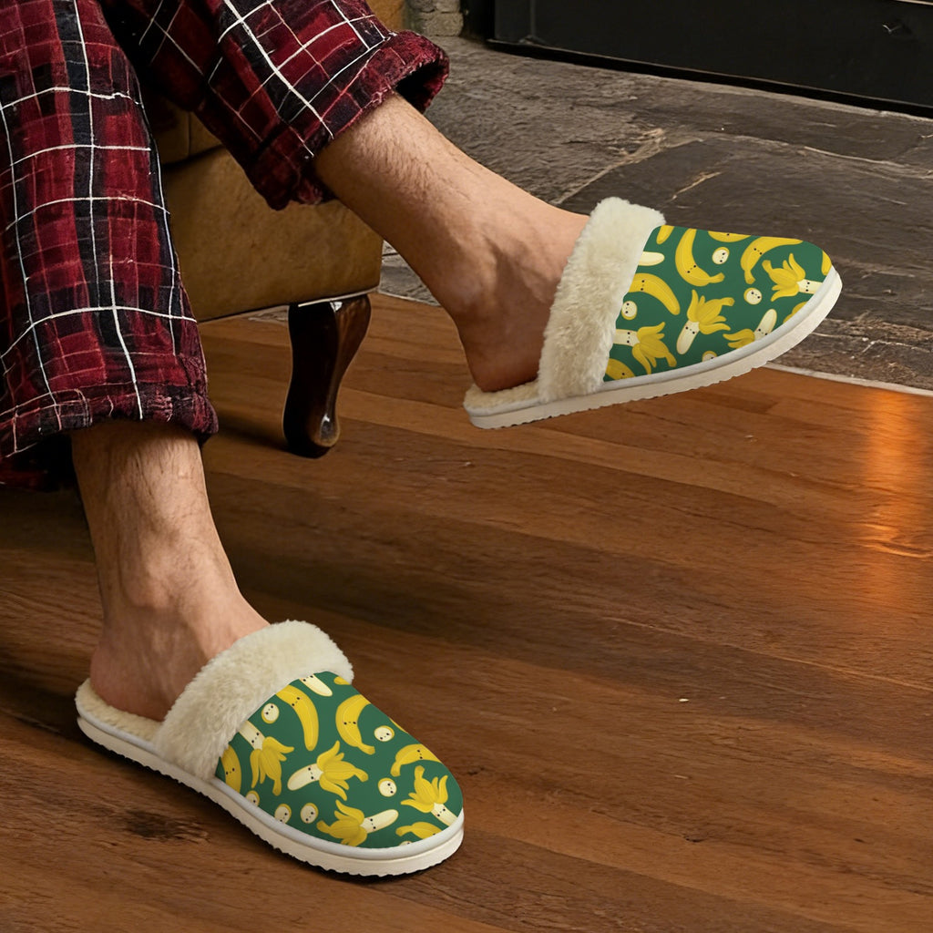 Happy Bananas Men's Fur Trim Thick-Sole Indoor Slippers Men's Fur Trimmed Slippers Food Printed Offshore
