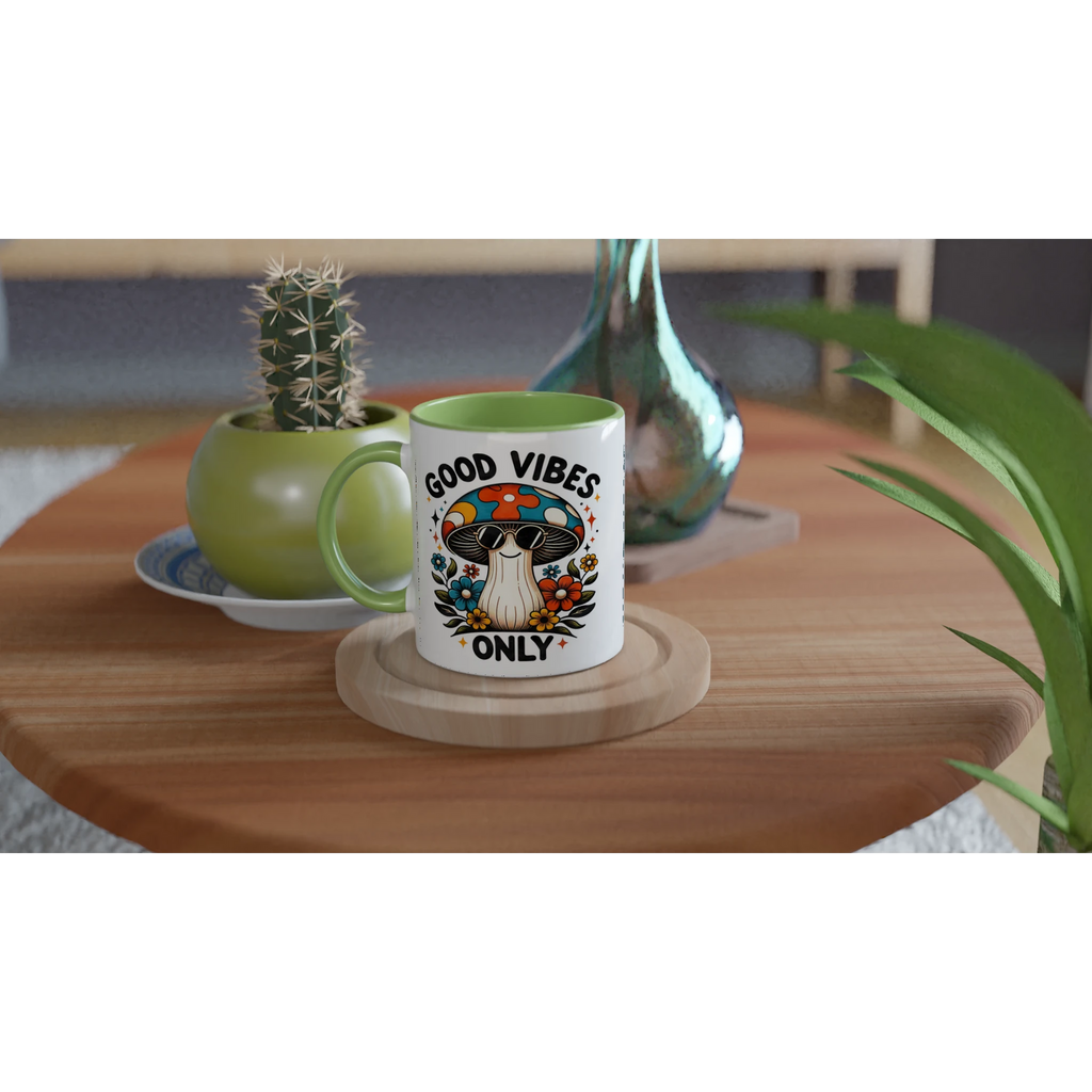 Personalised Good Vibes Only, Hippie Mushroom With Sunglasses 11oz Ceramic Mug Personalised 11oz Mug Globally Fulfilled Positivity
