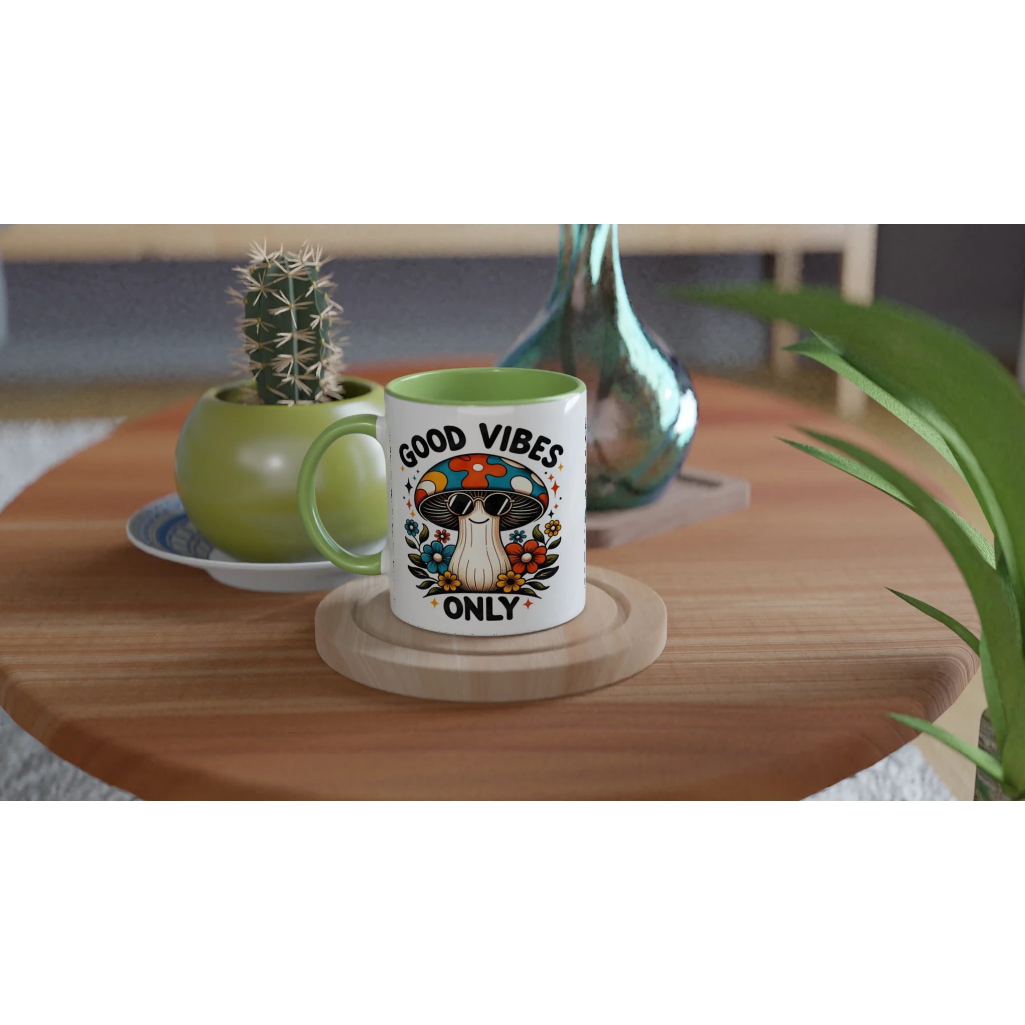 Personalised Good Vibes Only, Hippie Mushroom With Sunglasses 11oz Ceramic Mug Personalised 11oz Mug Globally Fulfilled Positivity