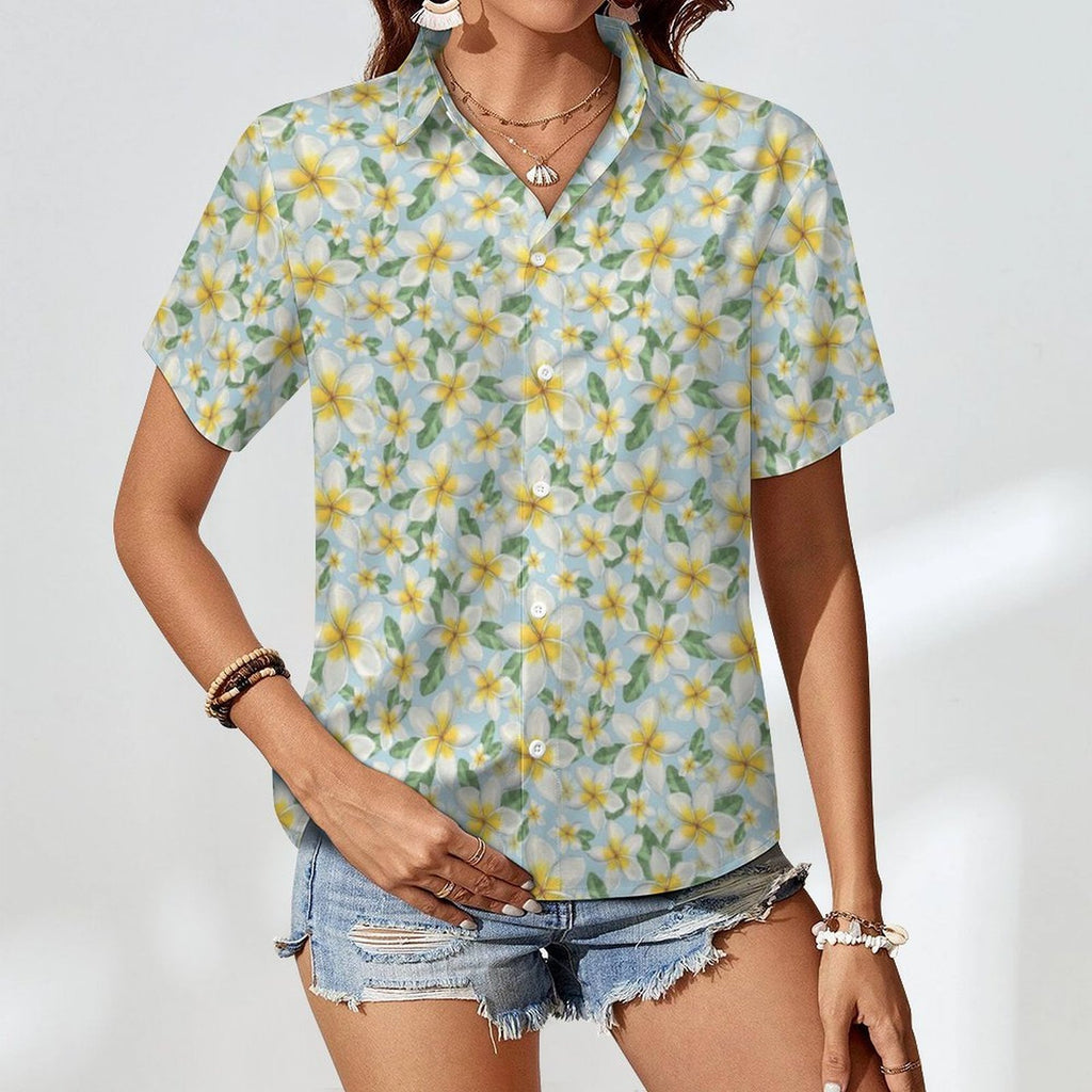 Delicate Frangipani Women's Collared Pocketless Short Sleeve Shirt