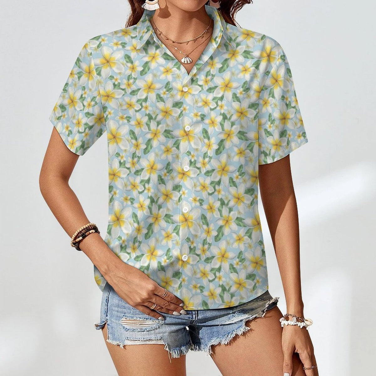 Delicate Frangipani Women's Collared Pocketless Short Sleeve Shirt