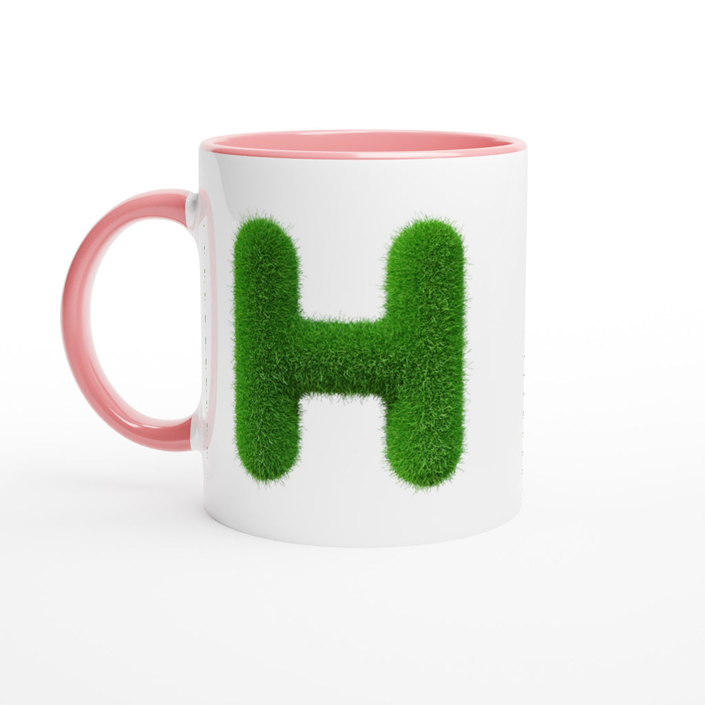 Personalised - Grass Initial - White 11oz Ceramic Mug with Color Inside Ceramic Pink Personalised 11oz Mug Customise Globally Fulfilled Name Personalise