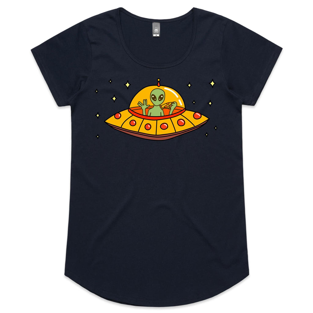 Alien Pizza, UFO - Womens Scoop Neck T-Shirt Navy Womens Scoop Neck T-shirt Food Printed In Australia Sci Fi