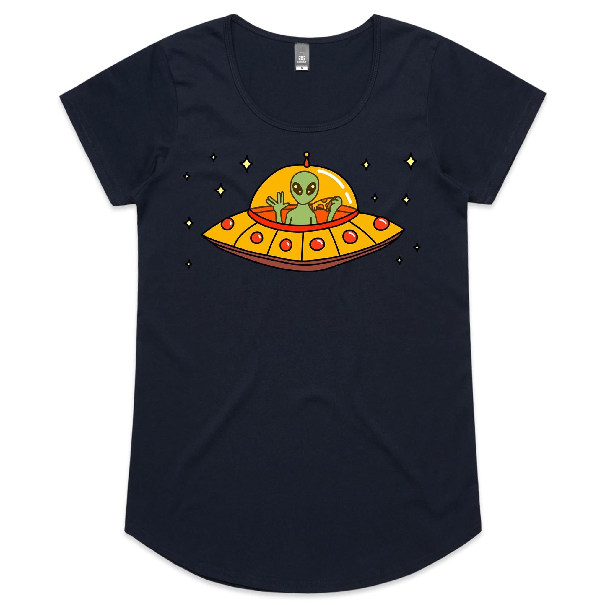 Alien Pizza, UFO - Womens Scoop Neck T-Shirt Navy Womens Scoop Neck T-shirt Food Printed In Australia Sci Fi
