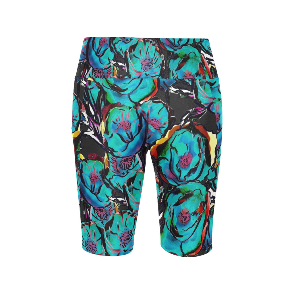 Flower It Blue Women's Bike Shorts With Side Pockets Women's Bike Shorts Plants Printed Offshore