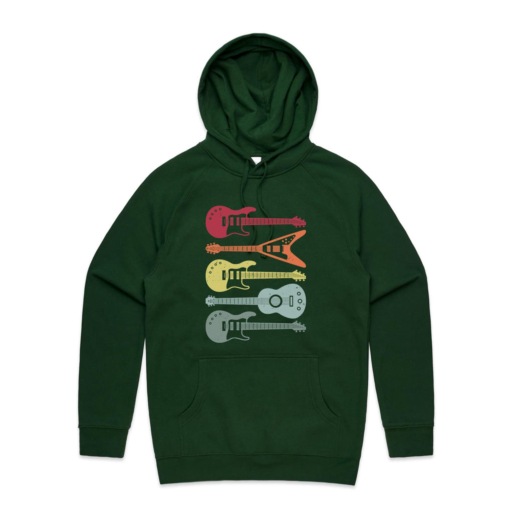 Retro Guitars - Mens Hoodie Forest Green Mens Hoodie Music Printed In Australia