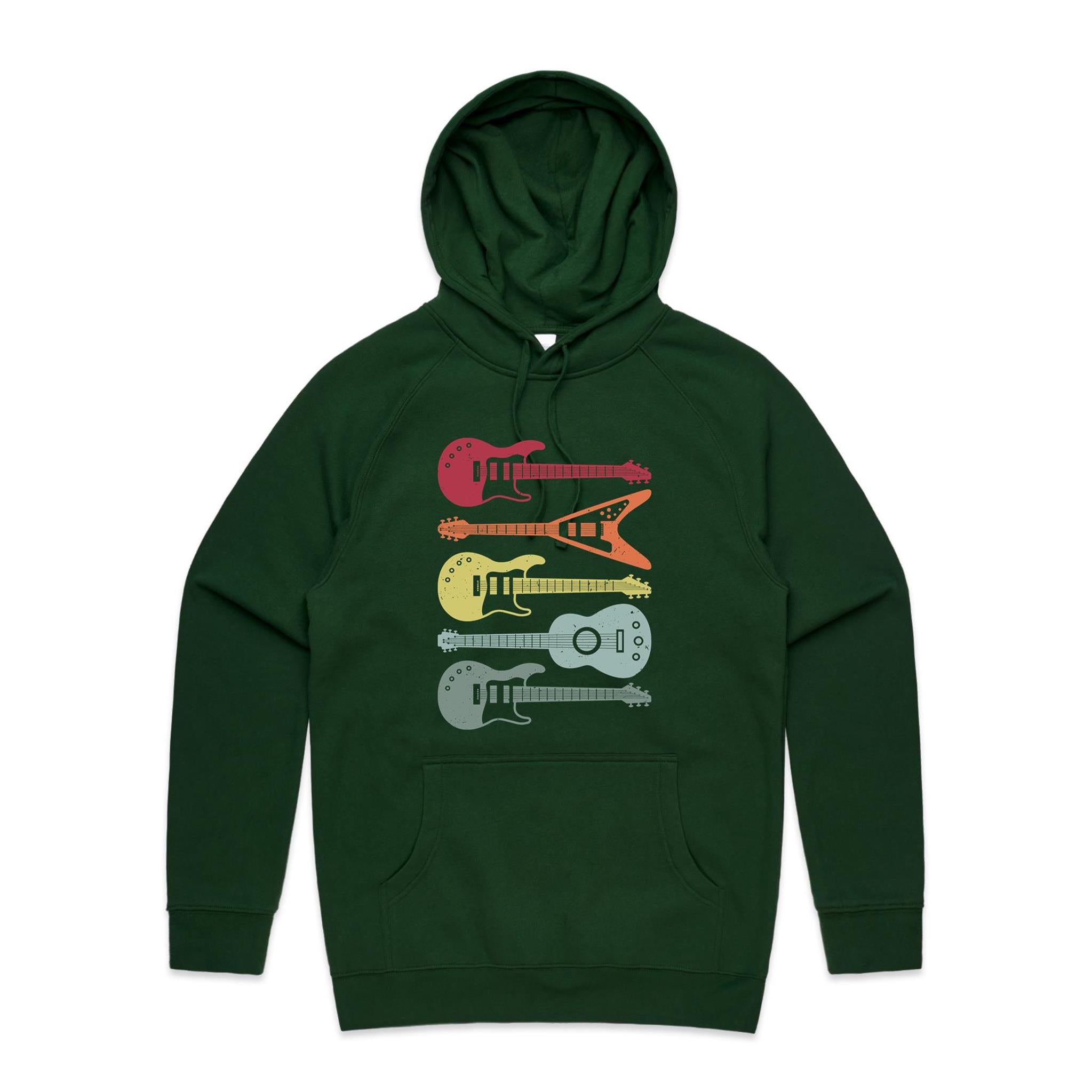 Retro Guitars - Mens Hoodie Forest Green Mens Hoodie Music Printed In Australia