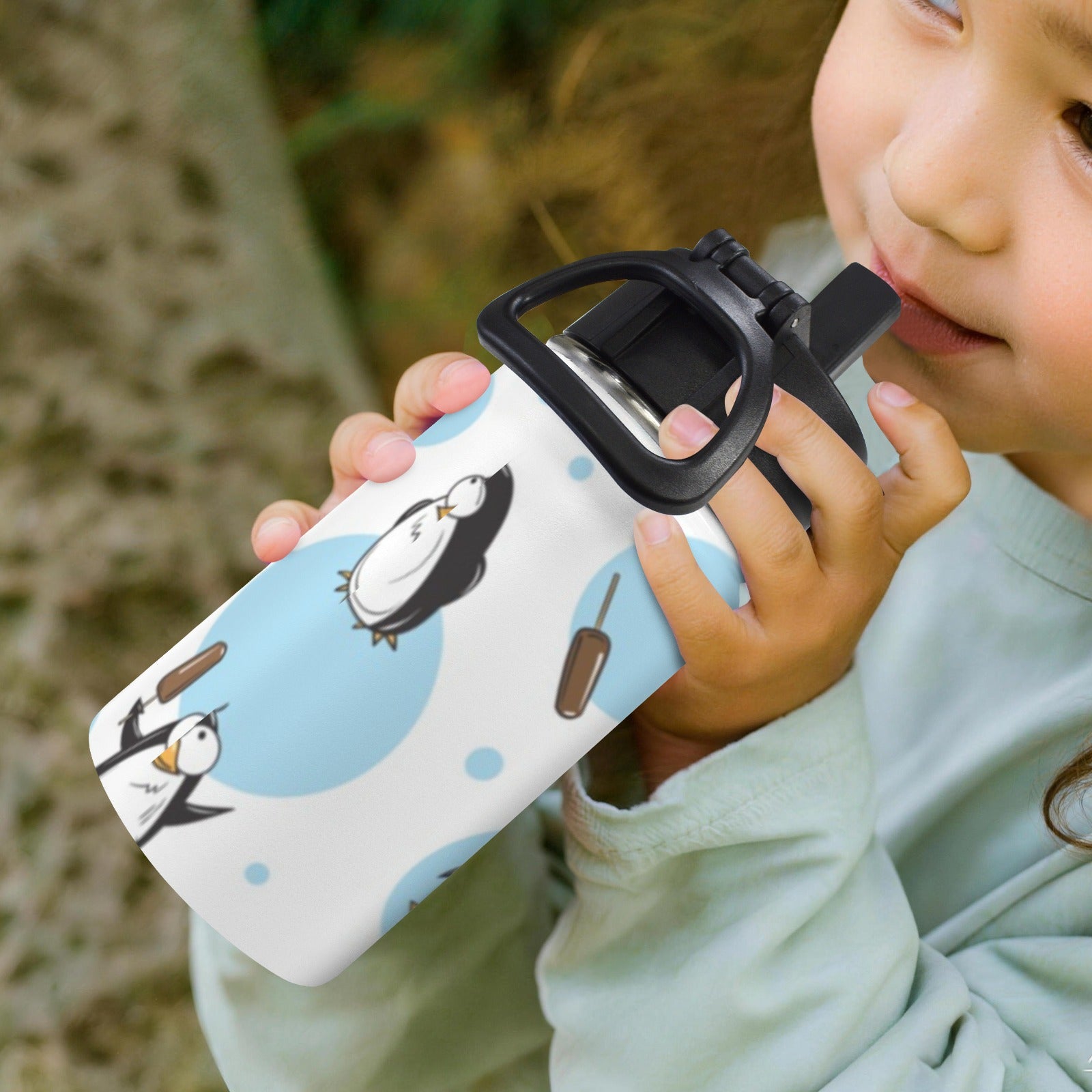 Cute Cartoon Penguins 12oz Kids Water Bottle with Straw Lid