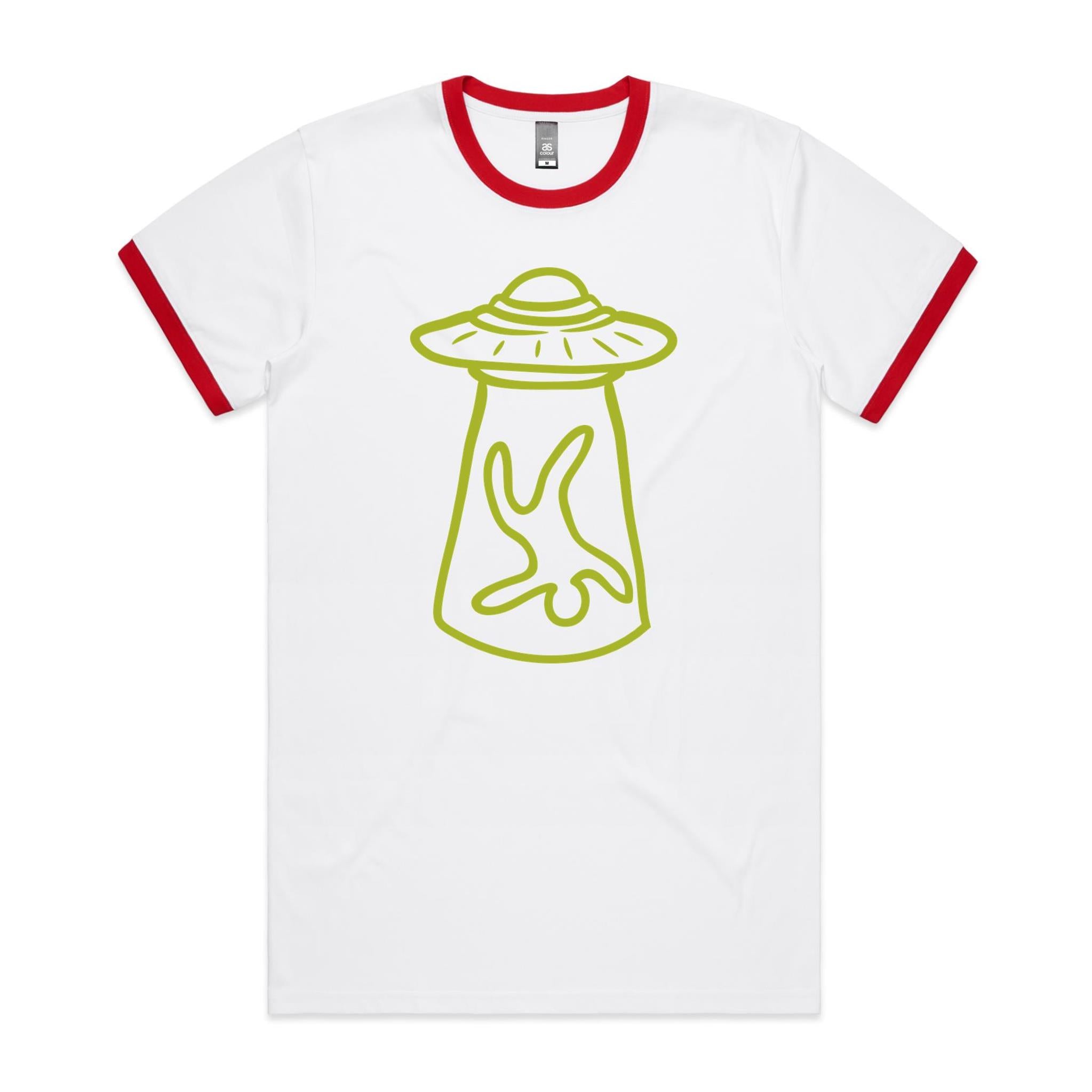Alien Abduction - AS Colour Staple Ringer Tee White Red Ringer T-Shirt Printed In Australia Sci Fi
