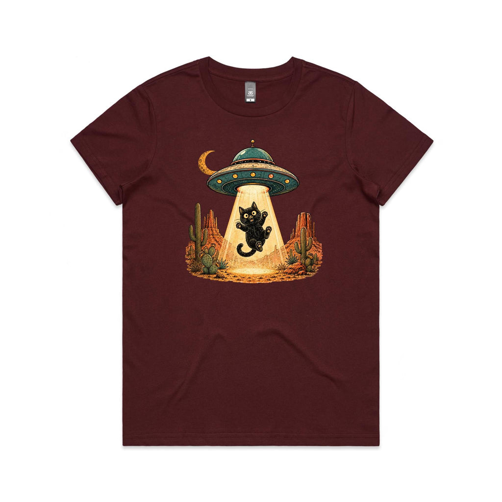 Black Cat Alien UFO Abduction Women's AS Colour T-shirt Burgundy Womens T-shirt animal Printed In Australia Sci Fi
