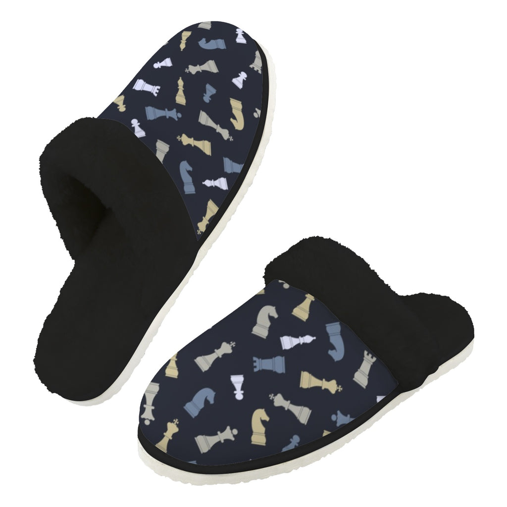 Chess Pattern Men's Fur Trim Thick-Sole Indoor Slippers 2XL Men's Fur Trimmed Slippers Chess Games Printed Offshore