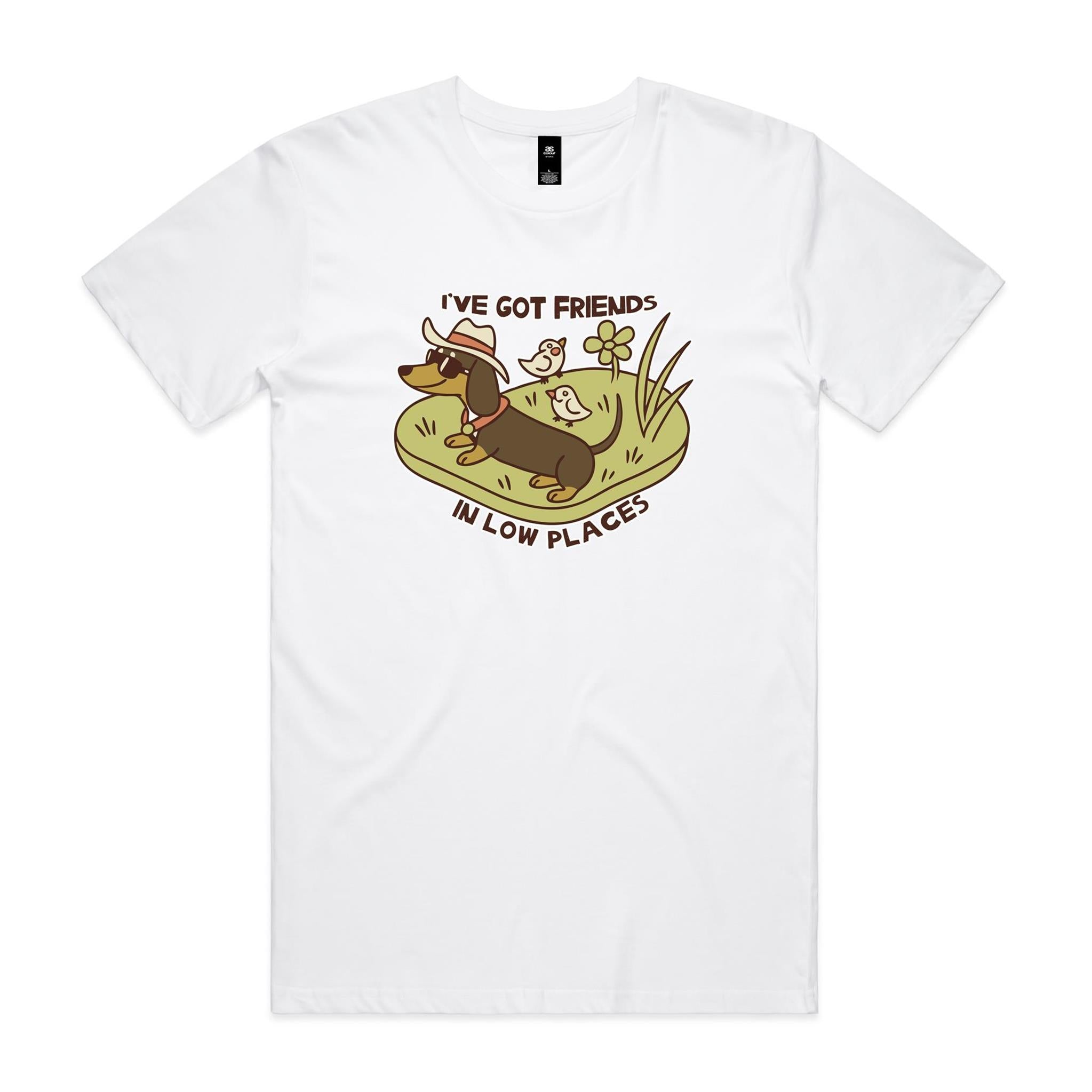 Dachshund, I've Got Friends In Low Places Men's AS Colour T-shirt White Mens T-shirt animal Printed In Australia