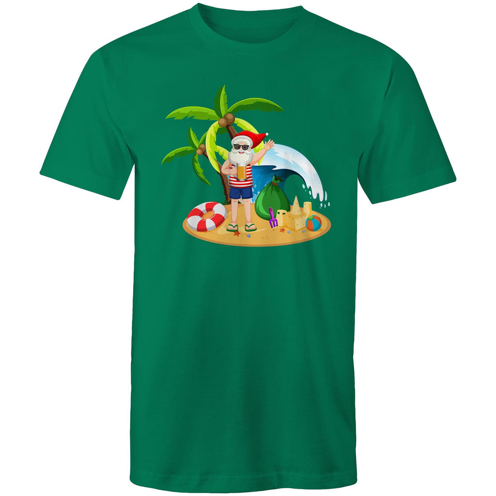 Surf Summer Santa - Mens T-Shirt Kelly Green Mens Christmas T-shirt Christmas Printed In Australia