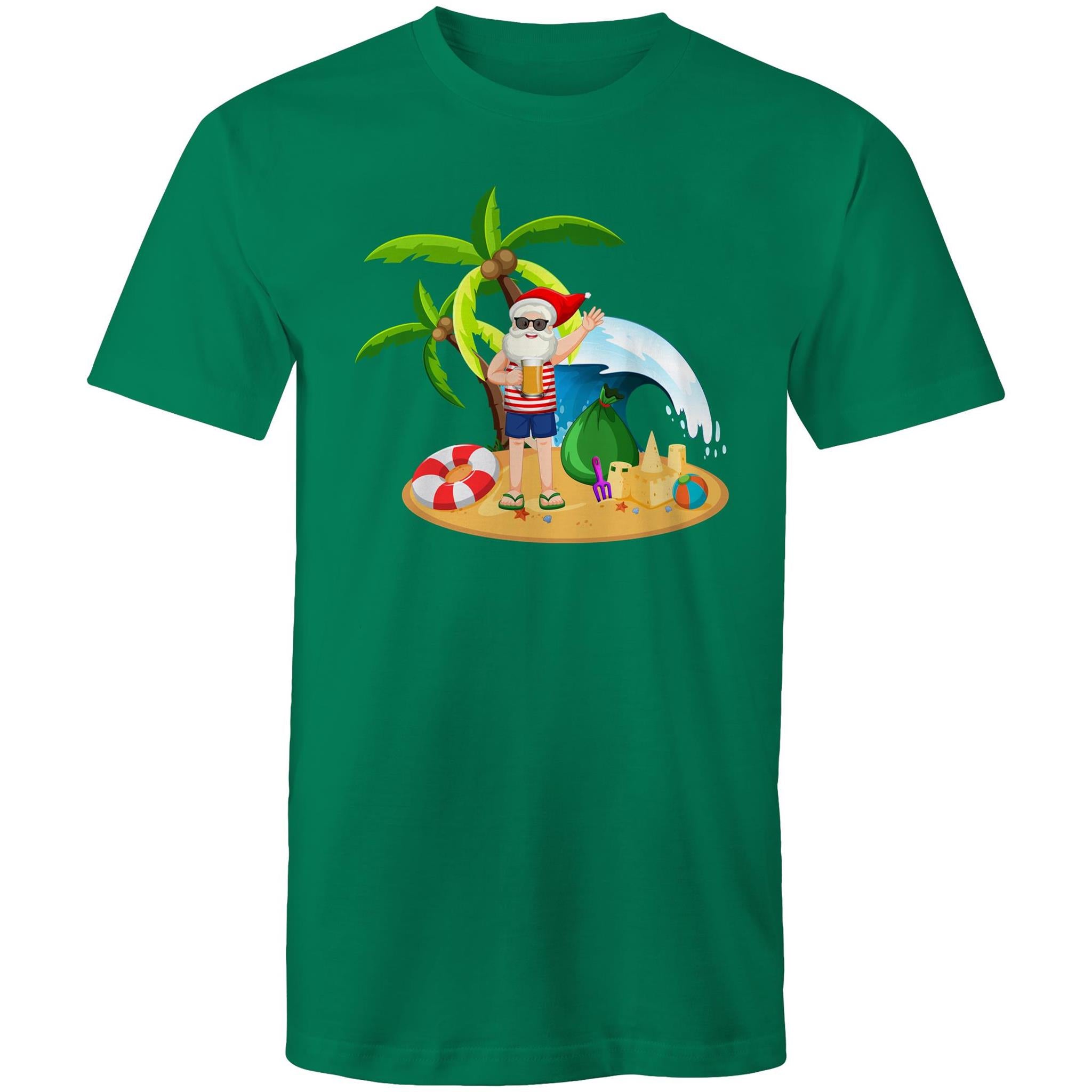 Surf Summer Santa - Mens T-Shirt Kelly Green Mens Christmas T-shirt Christmas Printed In Australia