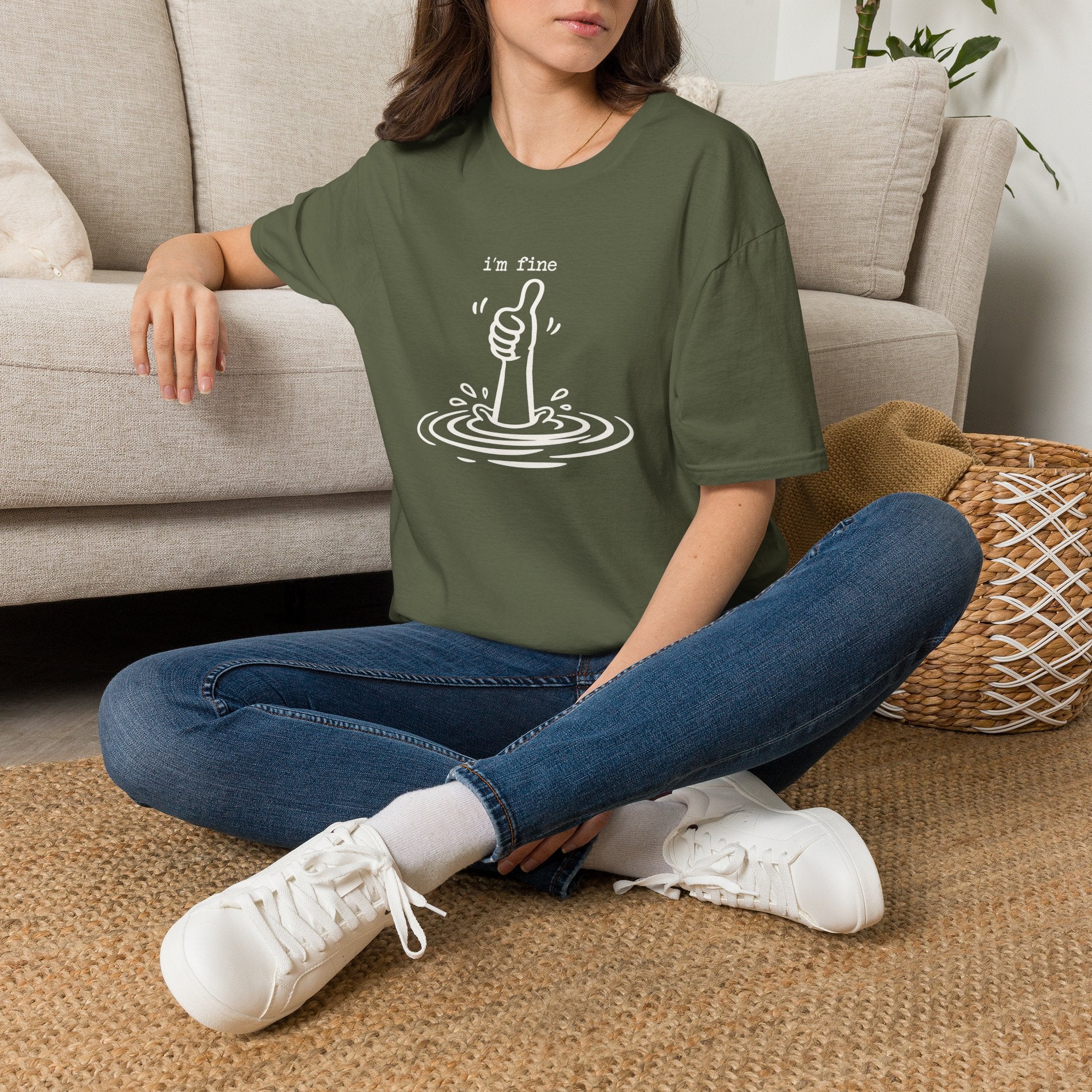 I'm Fine Drowning Thumbs Up Unisex T-shirt Military Green Unisex Adult T-shirt Globally Fulfilled Positivity