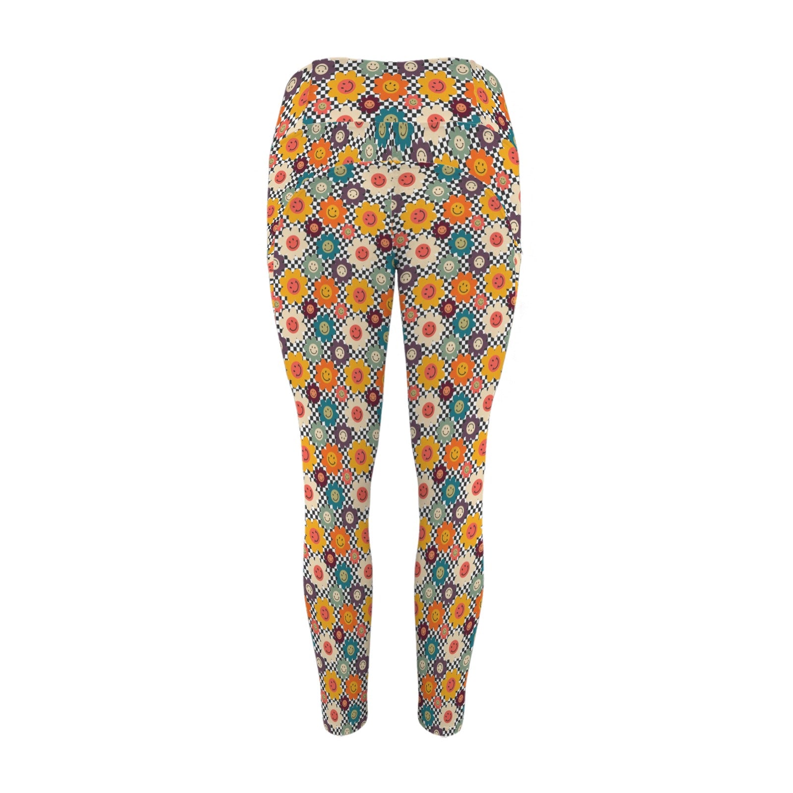 Happy Retro Flowers - Women's High Waist Pockets Yoga Leggings