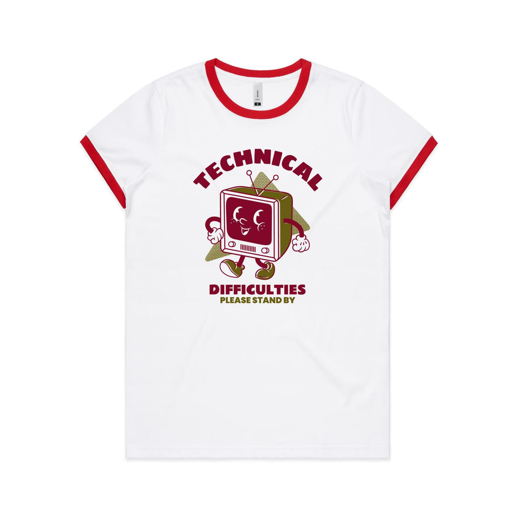 Technical Difficulties, Retro TV - Women's Ringer Tee White Red Womens Ringer T-shirt Printed In Australia Retro Tech