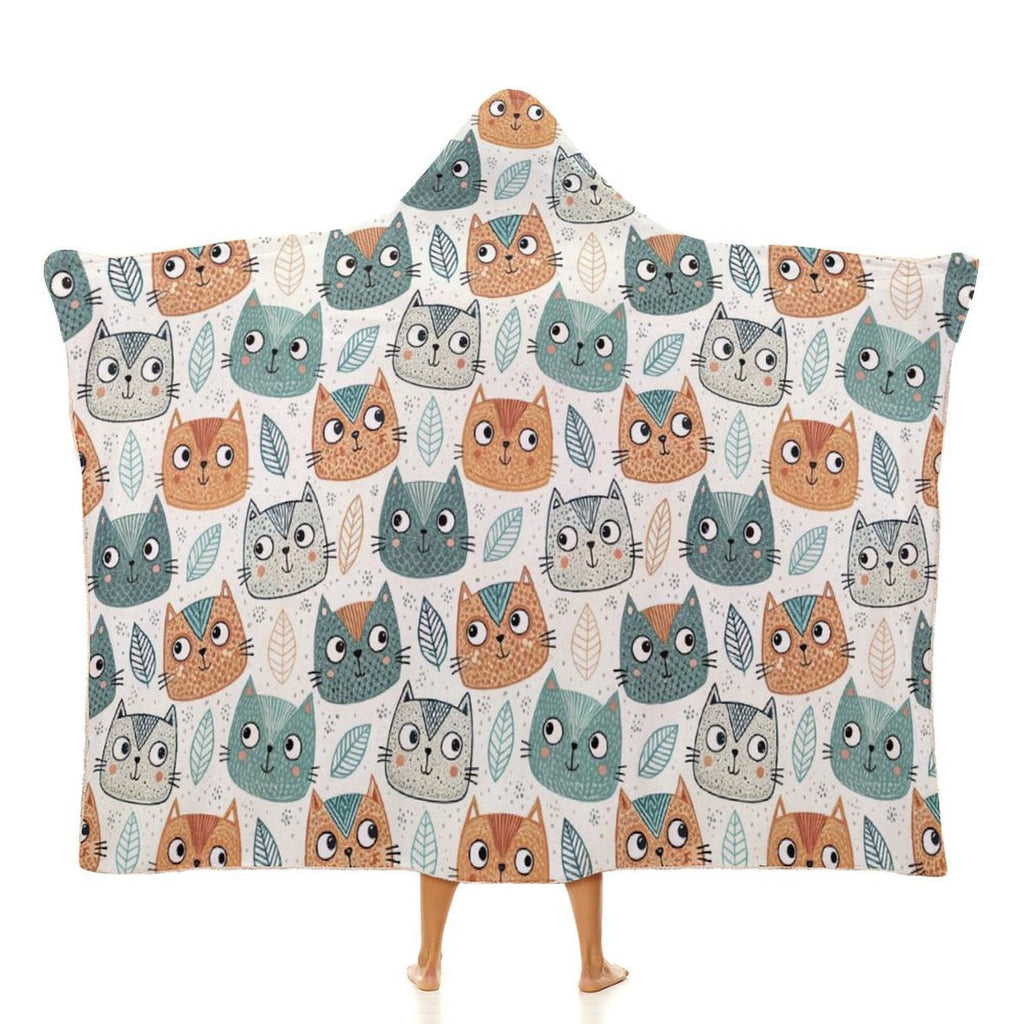 Cute Cat Faces Kids Hooded Blanket 100cm x 130cm white 40"×50" Kids Hooded Blanket animal Printed Offshore