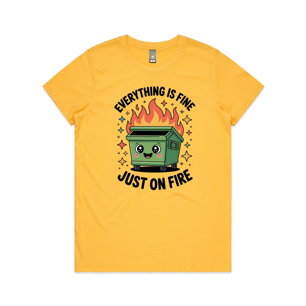 Skip Bin, Dumpster Fire Women's AS Colour T-shirt Yellow Womens T-shirt Printed In Australia