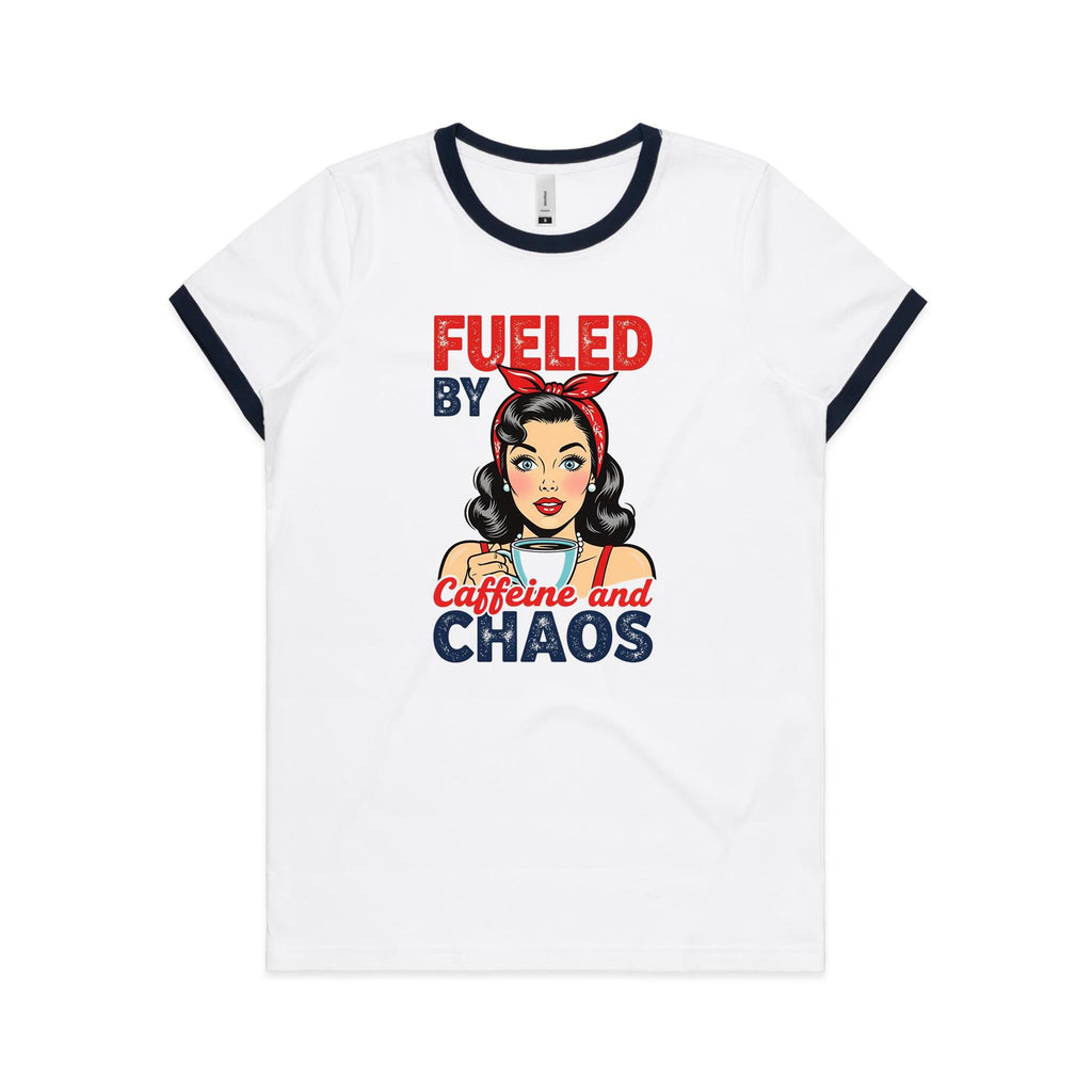 Fueled By Caffeine And Chaos Women's AS Colour Ringer Tee White Navy Womens Ringer T-shirt Coffee Printed In Australia