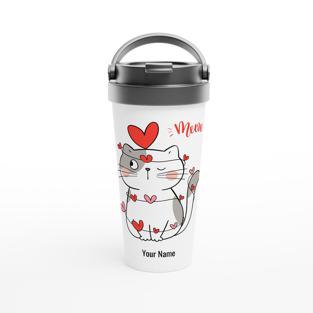 Personalised - Cat Heart Meow - White 15oz Stainless Steel Travel Mug Default Title Personalised Travel Mug animal customise Globally Fulfilled Love personalise