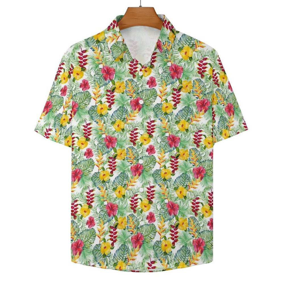 Tropical Flowers On White Women's Short-Sleeve Button Up Shirt Women's Short-Sleeve Button Up Shirt Plants Printed Offshore