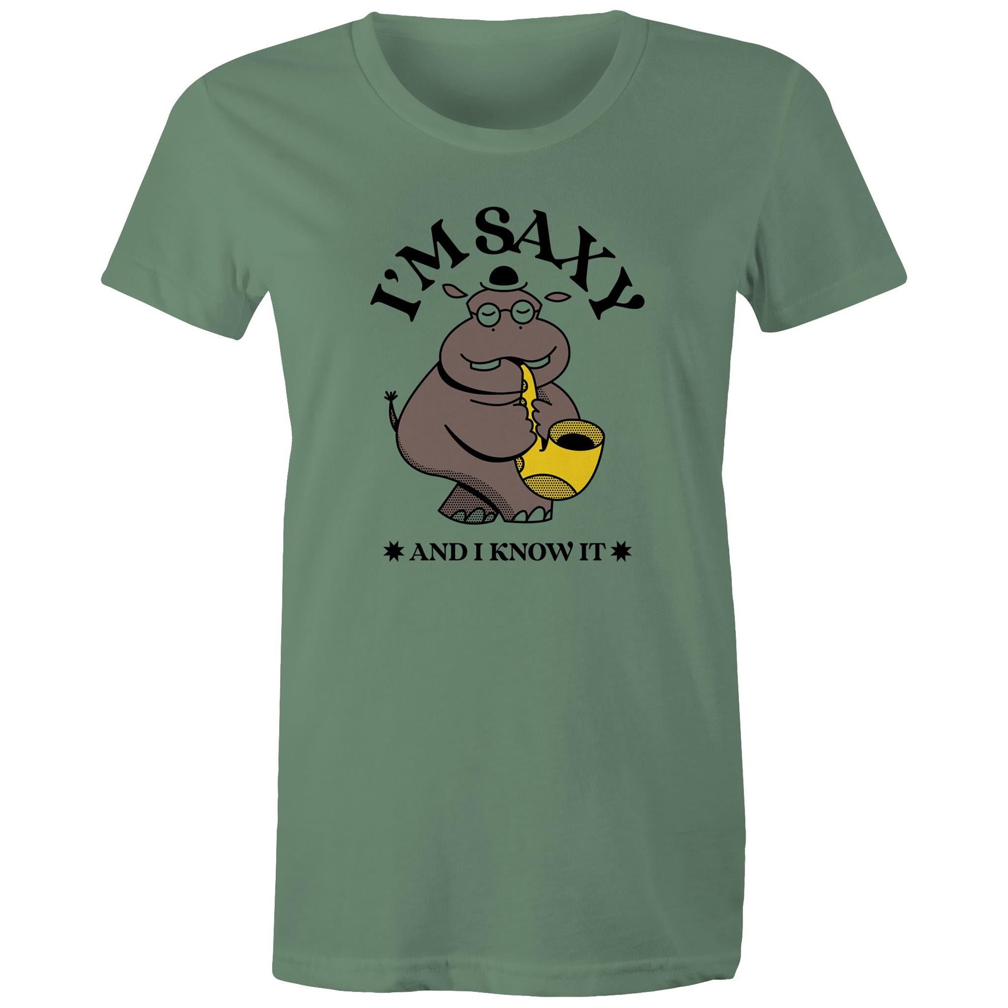 I'm Saxy And I Know It, Saxophone Hippo - Womens T-shirt Sage Womens T-shirt animal Music Printed In Australia