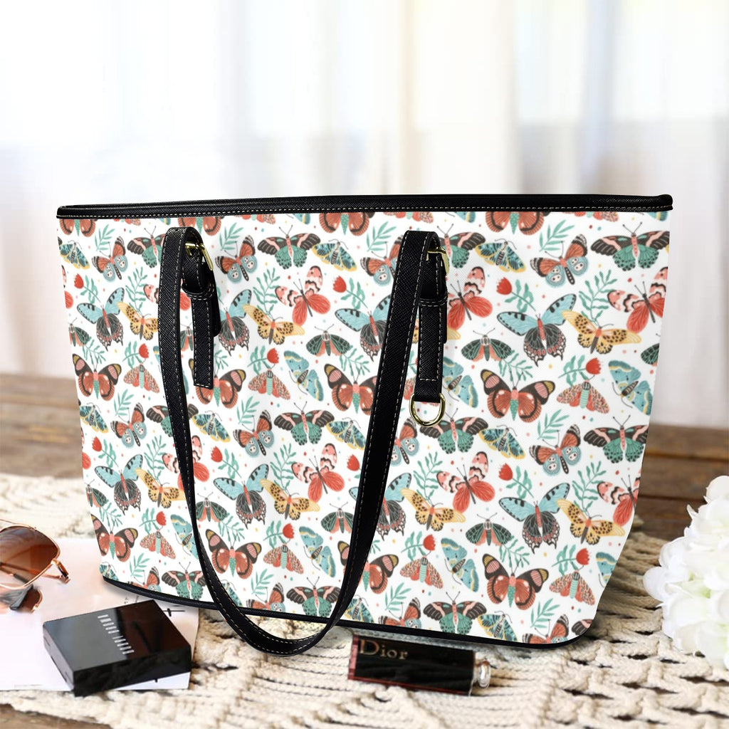 Pretty Moths And Butterflies PU Leather Tote Bag Large Leather Tote Bag-Large animal Printed Offshore