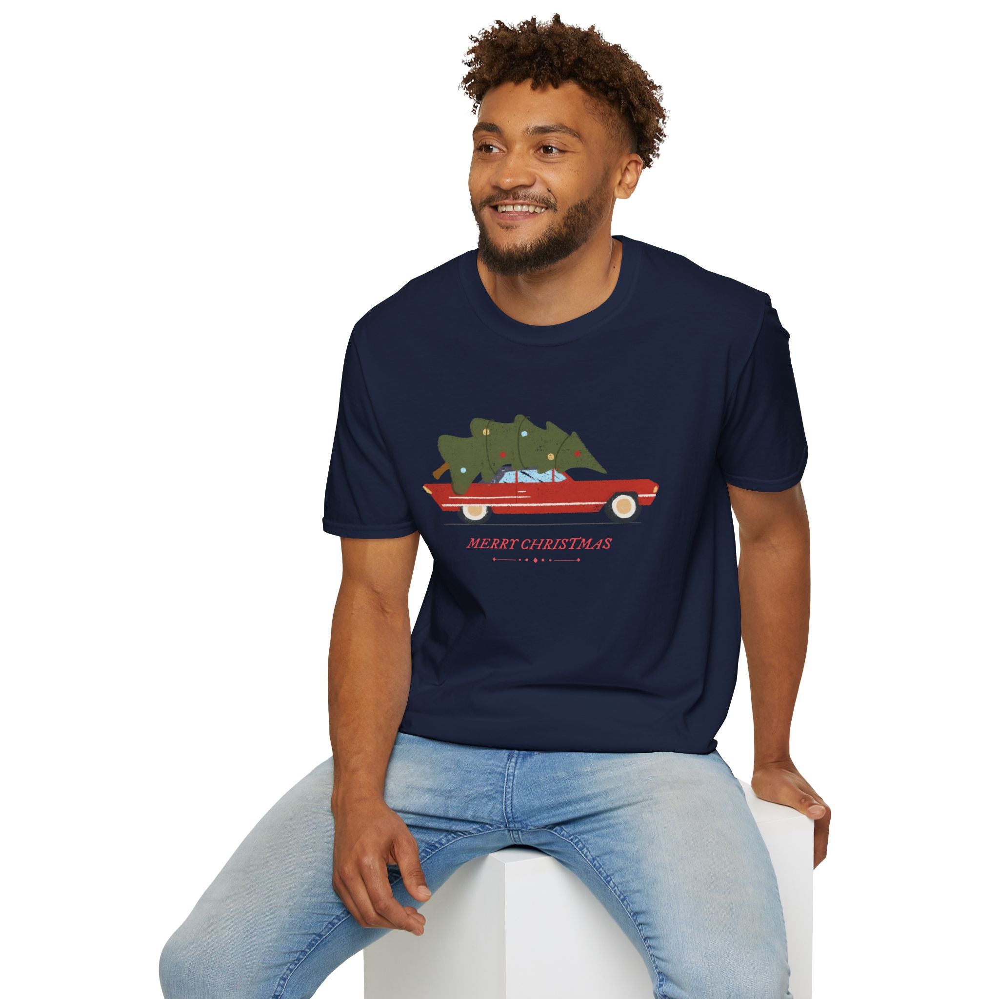 Retro Christmas Tree On Car - Unisex Softstyle T-Shirt