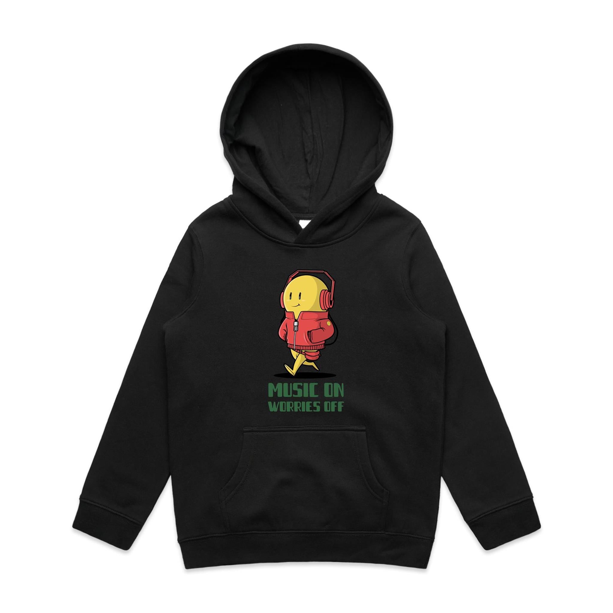 Music On, Worries Off - Kids Hoodie Black Kids Hoodie Printed In Australia