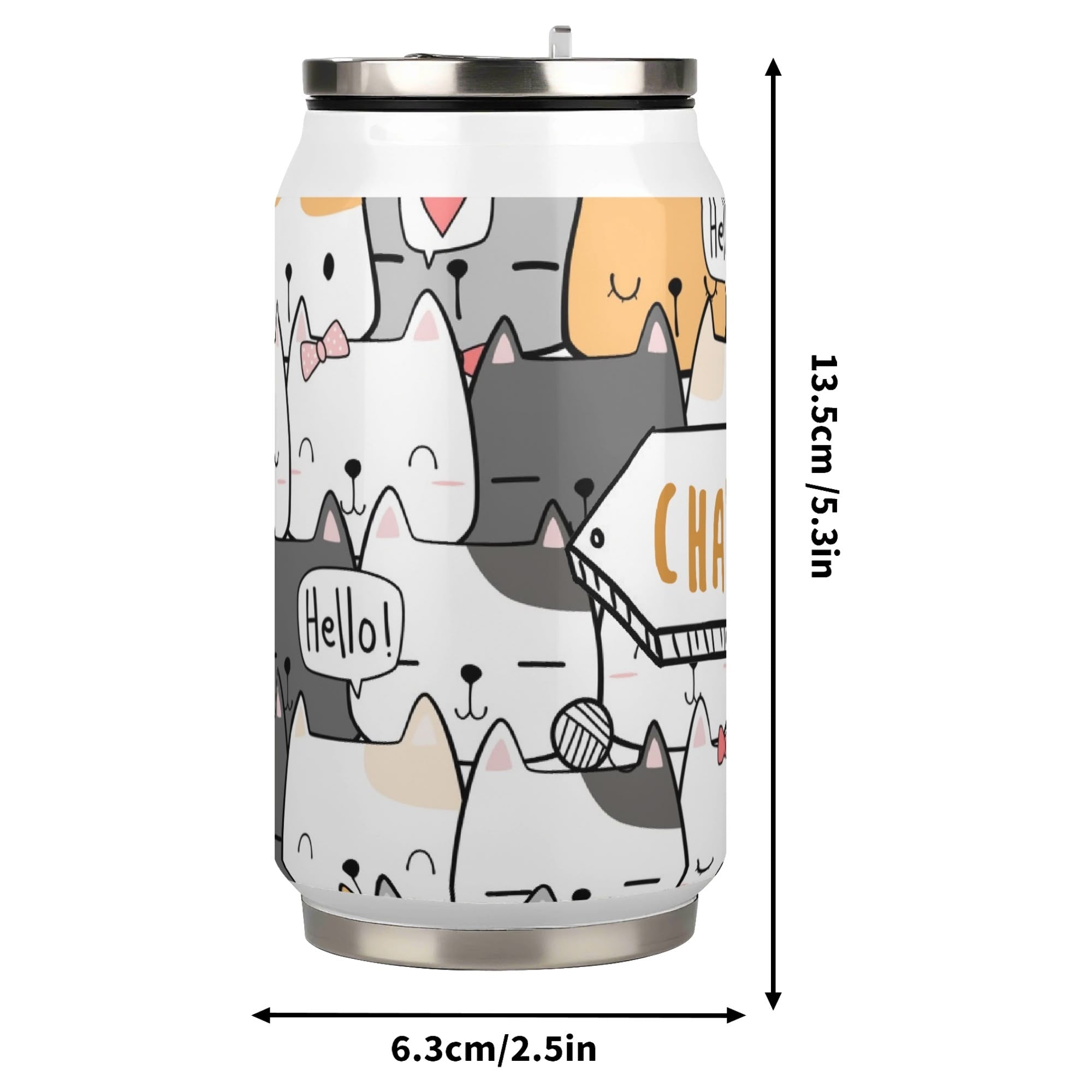 Personalised Cat Hello 300ml Stainless Steel Can Shaped Tumbler With Straw Lid Personalised 300ml Can Shaped Tumbler animal Printed Offshore
