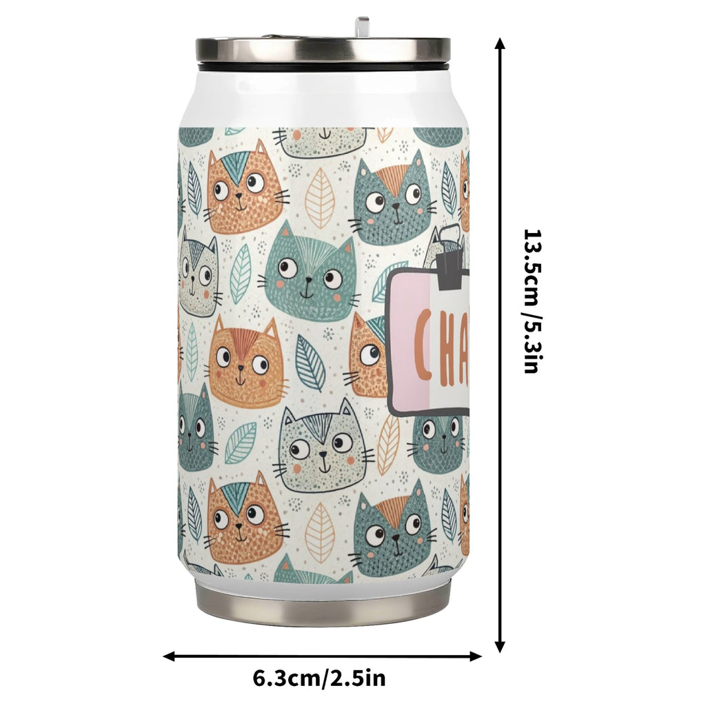Personalised Cute Cat Faces 300ml Stainless Steel Can Shaped Tumbler With Straw Lid Personalised 300ml Can Shaped Tumbler animal Printed Offshore