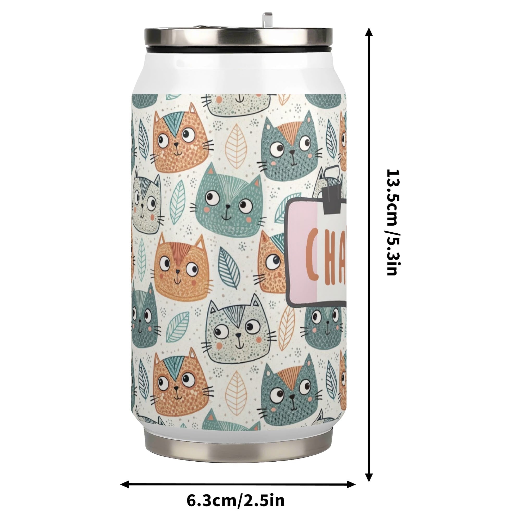 Personalised - Cute Cat Faces - 300ml Stainless Steel Can Shaped Tumbler With Straw Lid Personalised 300ml Can Shaped Tumbler animal Printed Offshore