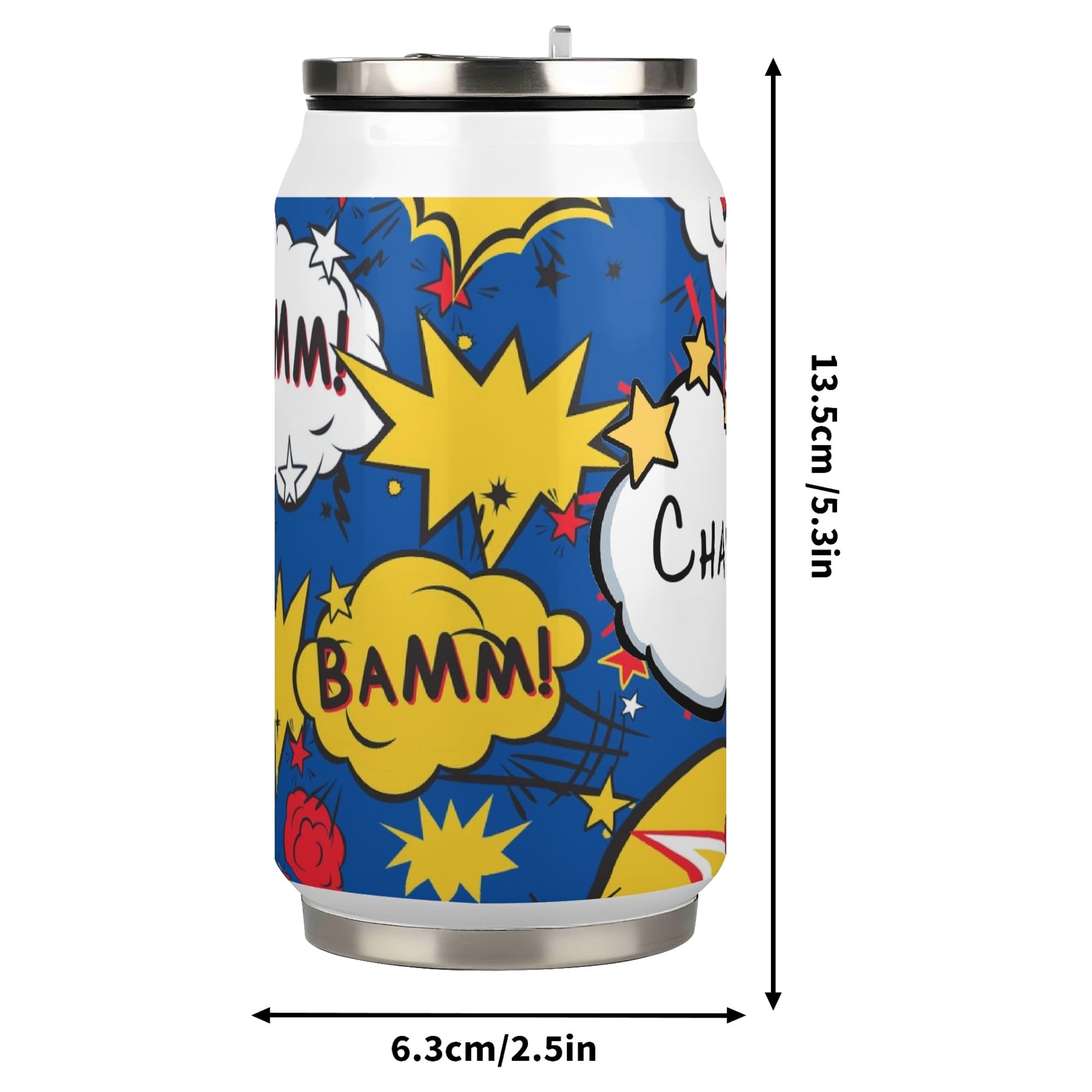 Personalised Comic Book Blue 300ml Stainless Steel Can Shaped Tumbler With Straw Lid Personalised 300ml Can Shaped Tumbler comic Printed Offshore