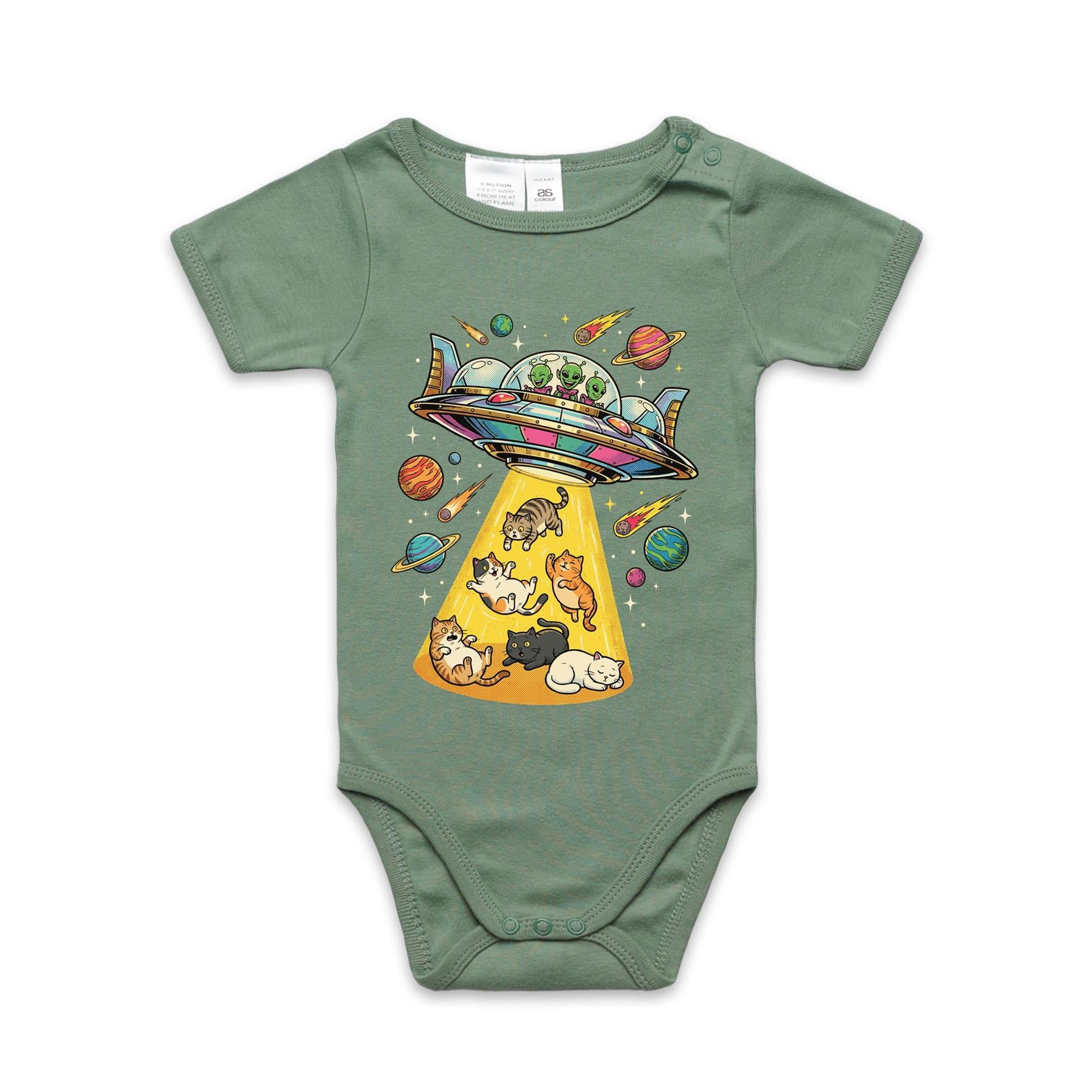 UFO Cat Abduction - AS Colour Baby Bodysuit Sage Baby Bodysuit animal Printed In Australia Sci Fi
