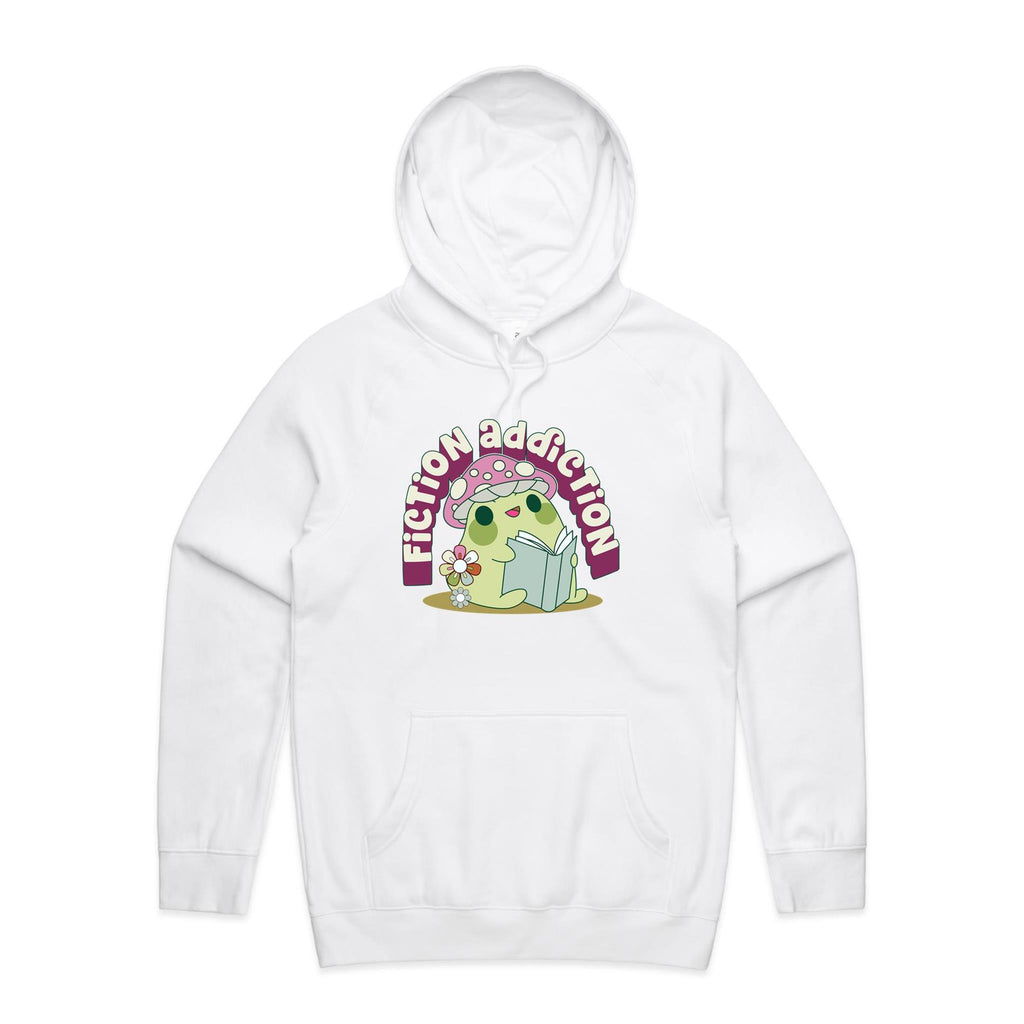 Fiction Addiction - Mens Hoodie White Mens Hoodie Printed In Australia Reading