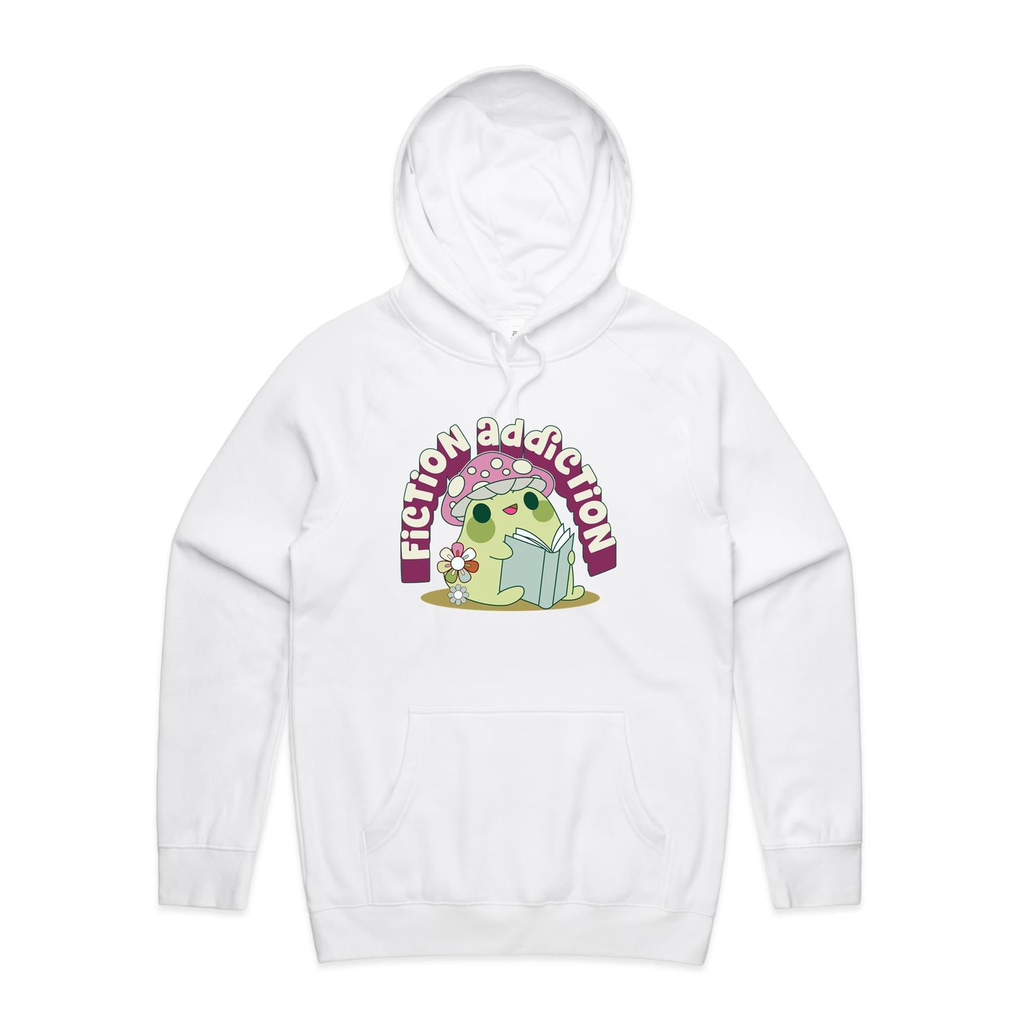 Fiction Addiction - Mens Hoodie White Mens Hoodie Printed In Australia Reading