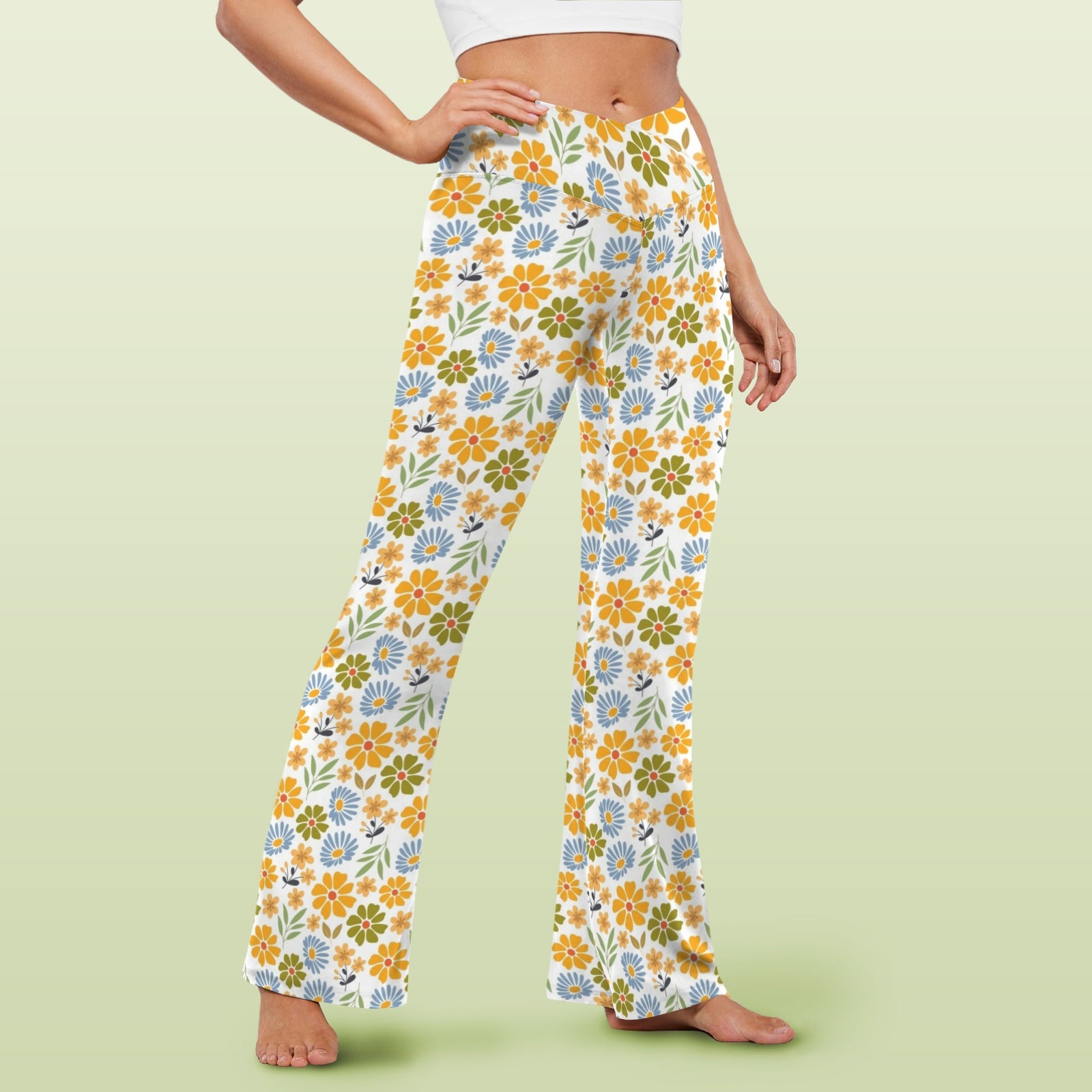 Retro Boho Flower High Waist Crossover Tummy Control Flare Leggings High Waist Flare Leggings Plants Printed Offshore