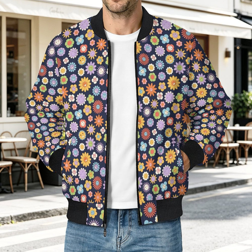 Groovy Flowers Men's Casual Zip‑Up Bomber Jacket