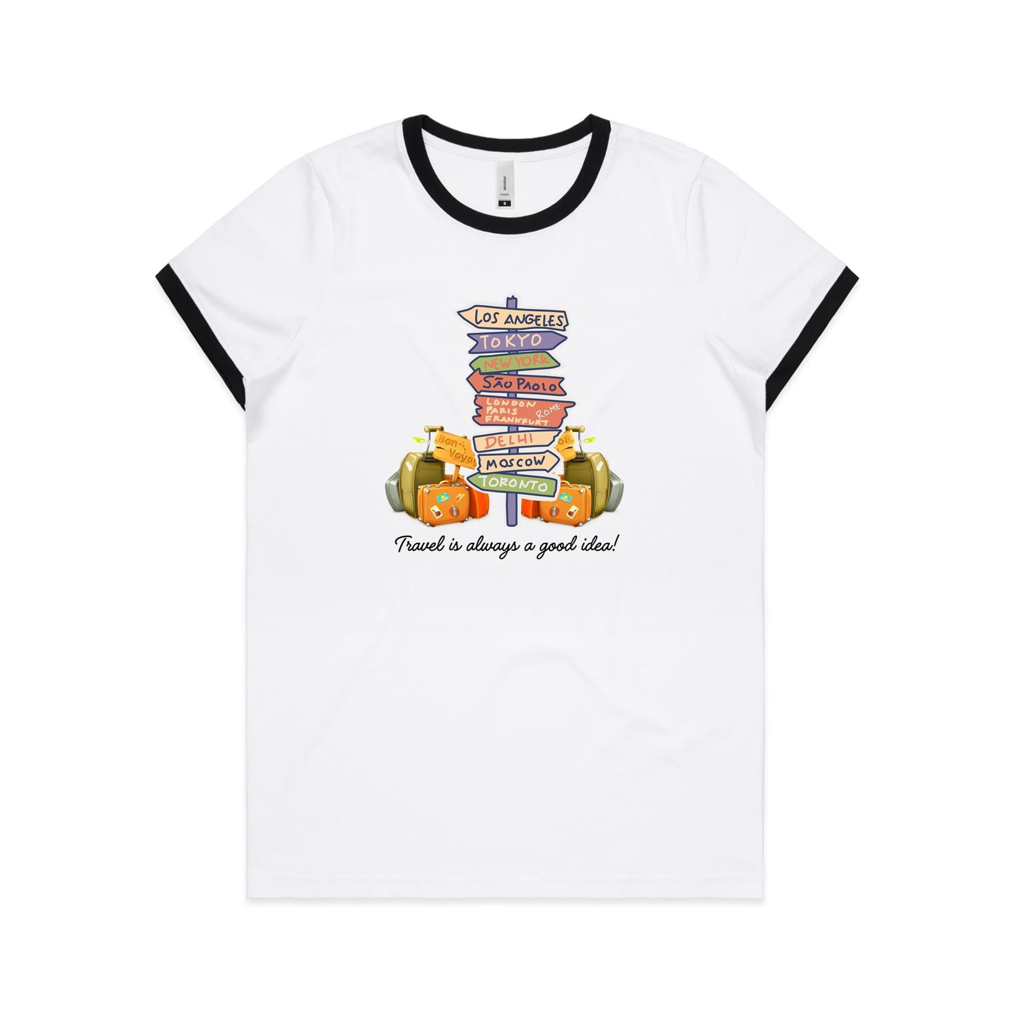 Travel Is Always A Good Idea - Women's Ringer Tee White Black Womens Ringer T-shirt Printed In Australia