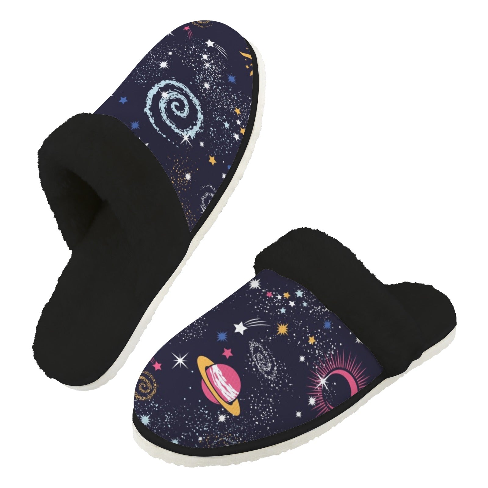 Outer Space Men's Fur Trim Thick-Sole Indoor Slippers 2XL Men's Fur Trimmed Slippers Printed Offshore Space