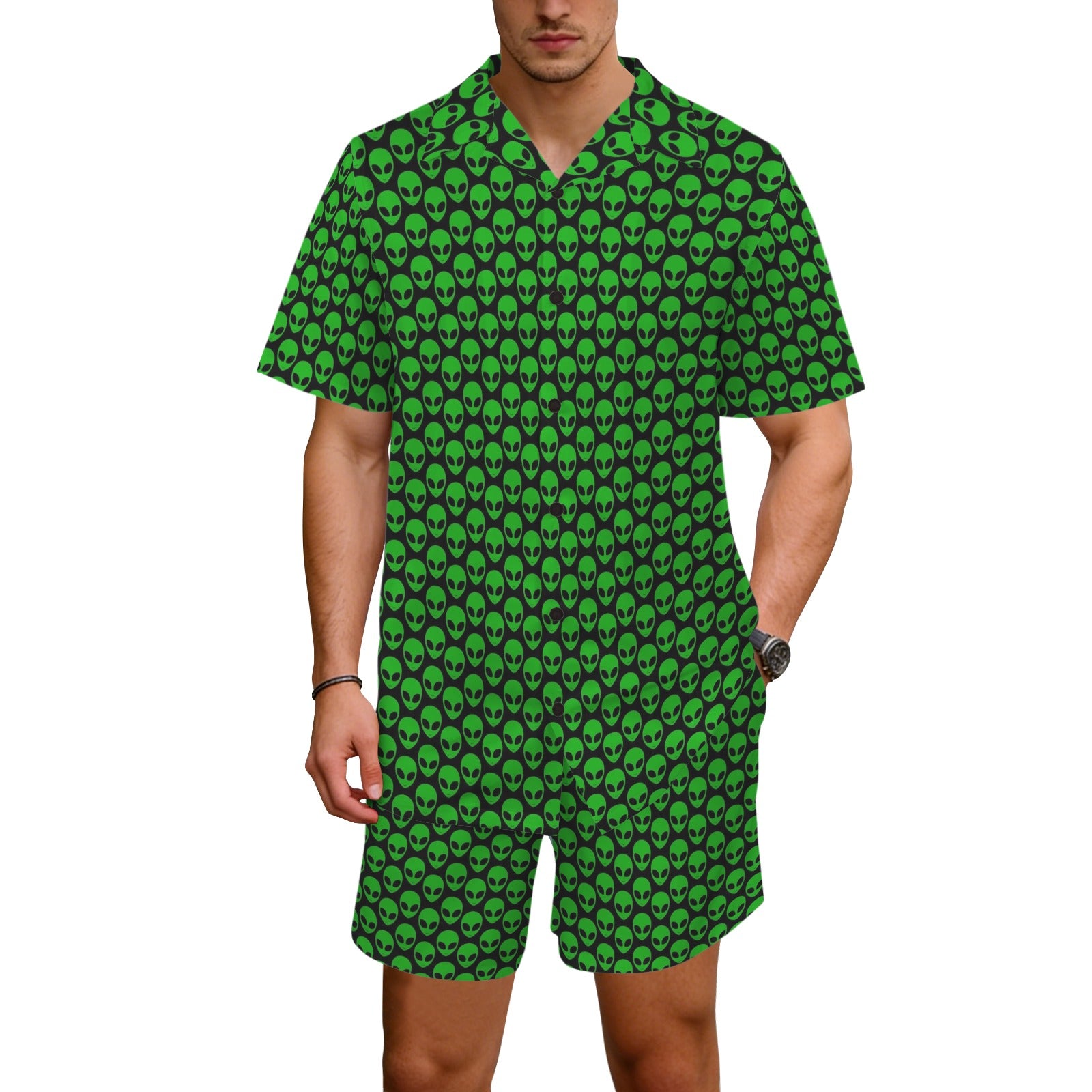 Aliens Men's Hawaiian Shirt & Shorts Set Men's Hawaiian Shirt & Shorts Set Printed Offshore Sci-Fi