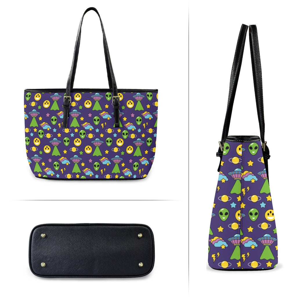 Groovy Alien And UFO PU Leather Tote Bag Large