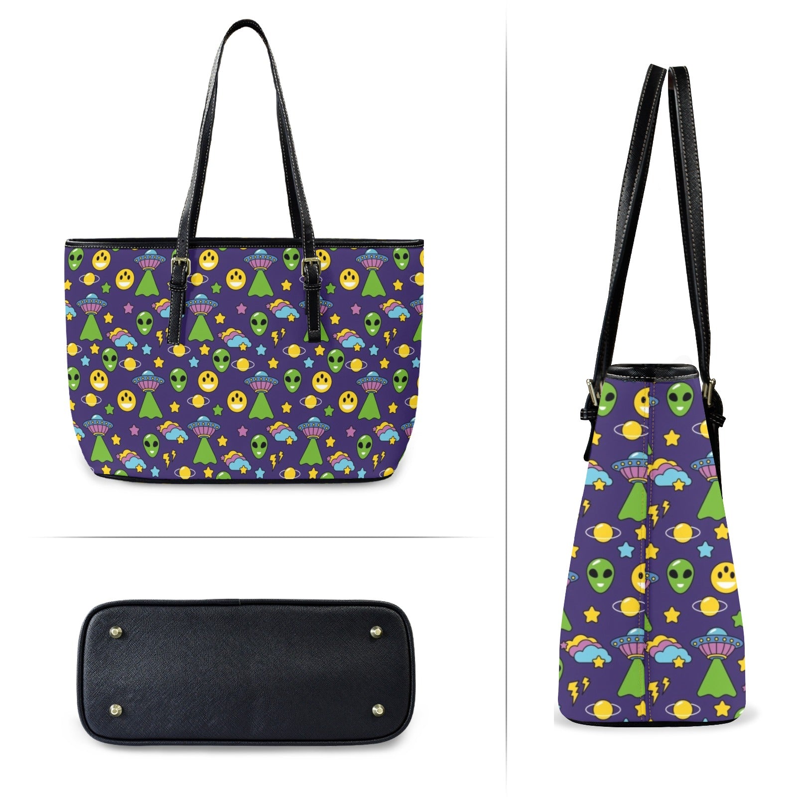 Groovy Alien And UFO PU Leather Tote Bag Large